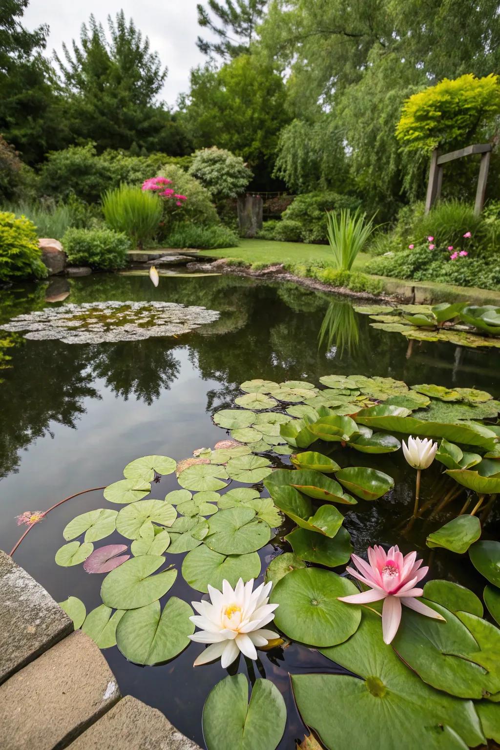A serene pond imparting a touch of tranquility to the backyard.