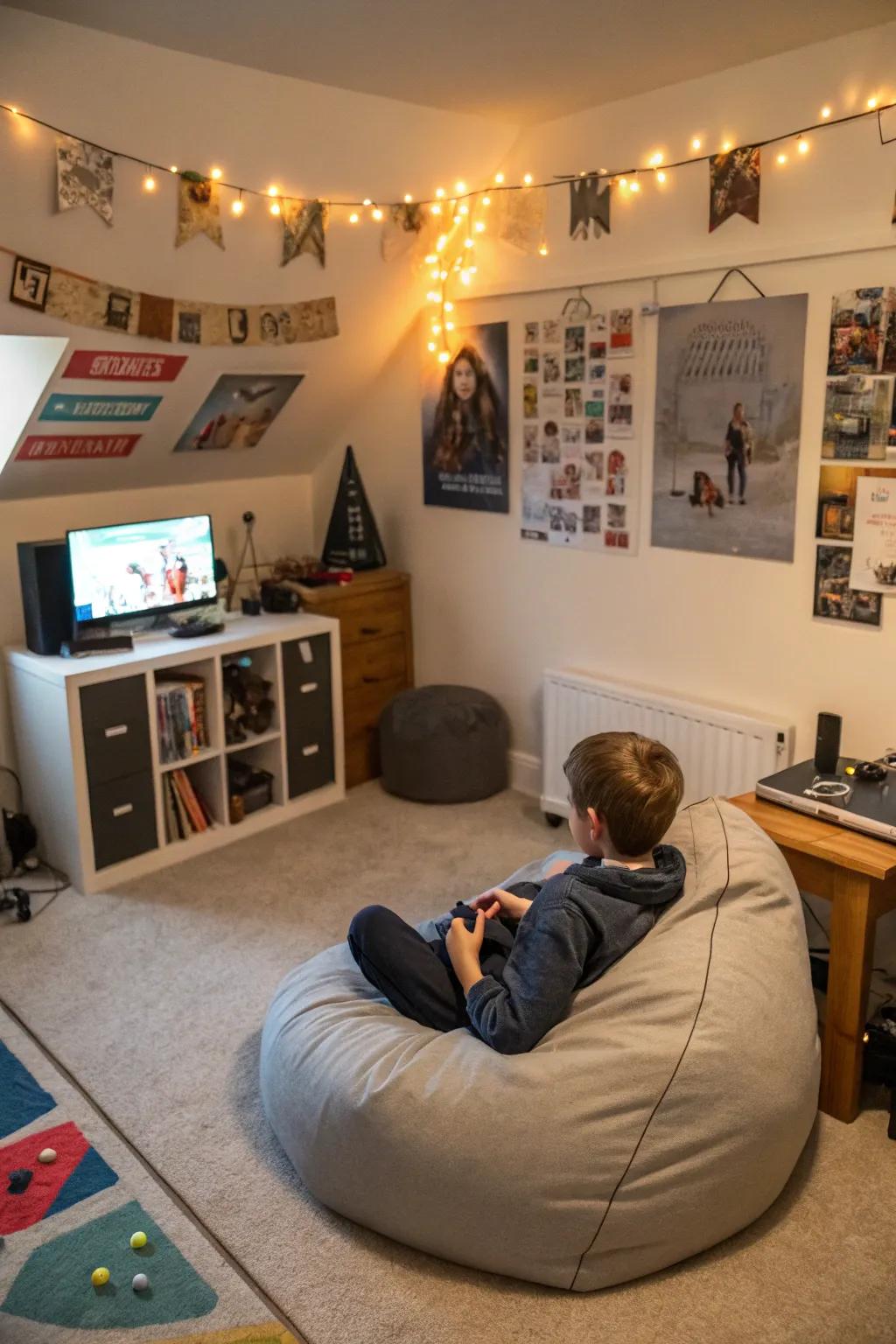 A gaming section featuring cushioned seating provides an excellent area for relaxation and amusement.