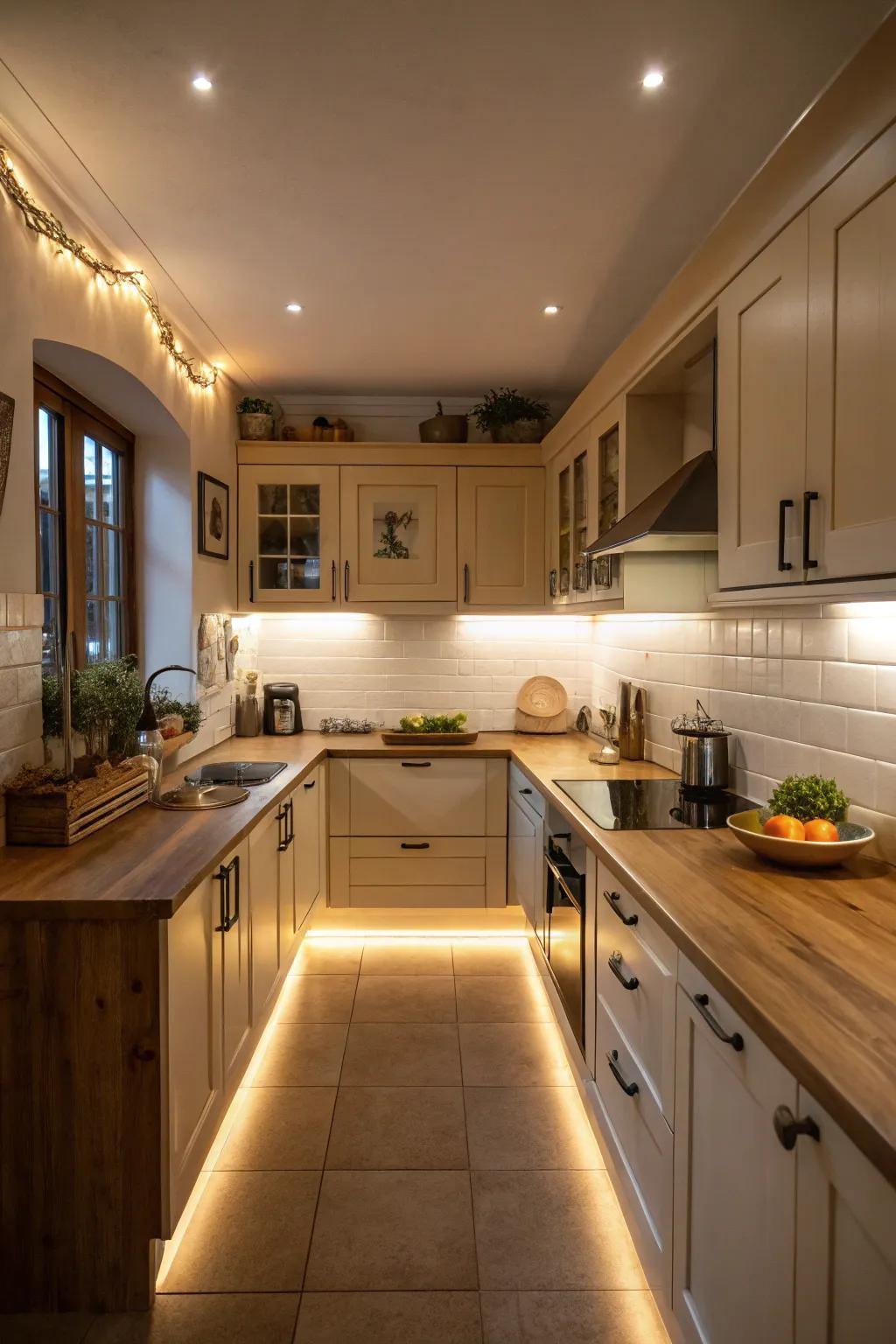 Under-cabinet lighting enhances both function and atmosphere.