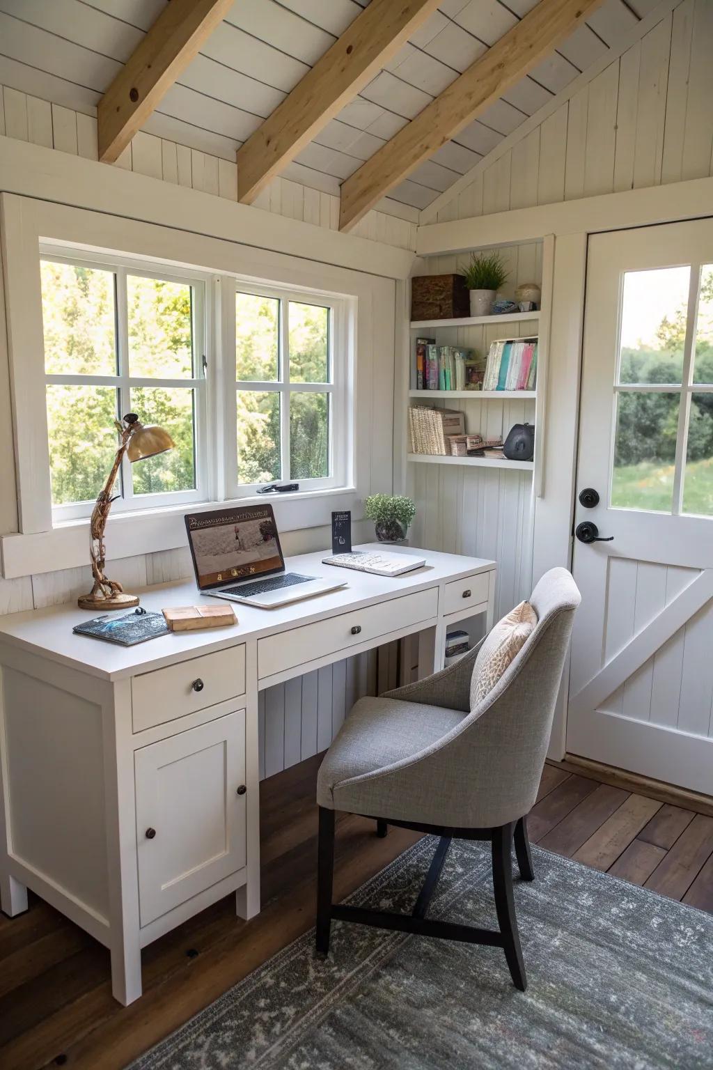 A serene home office with natural light to boost productivity.