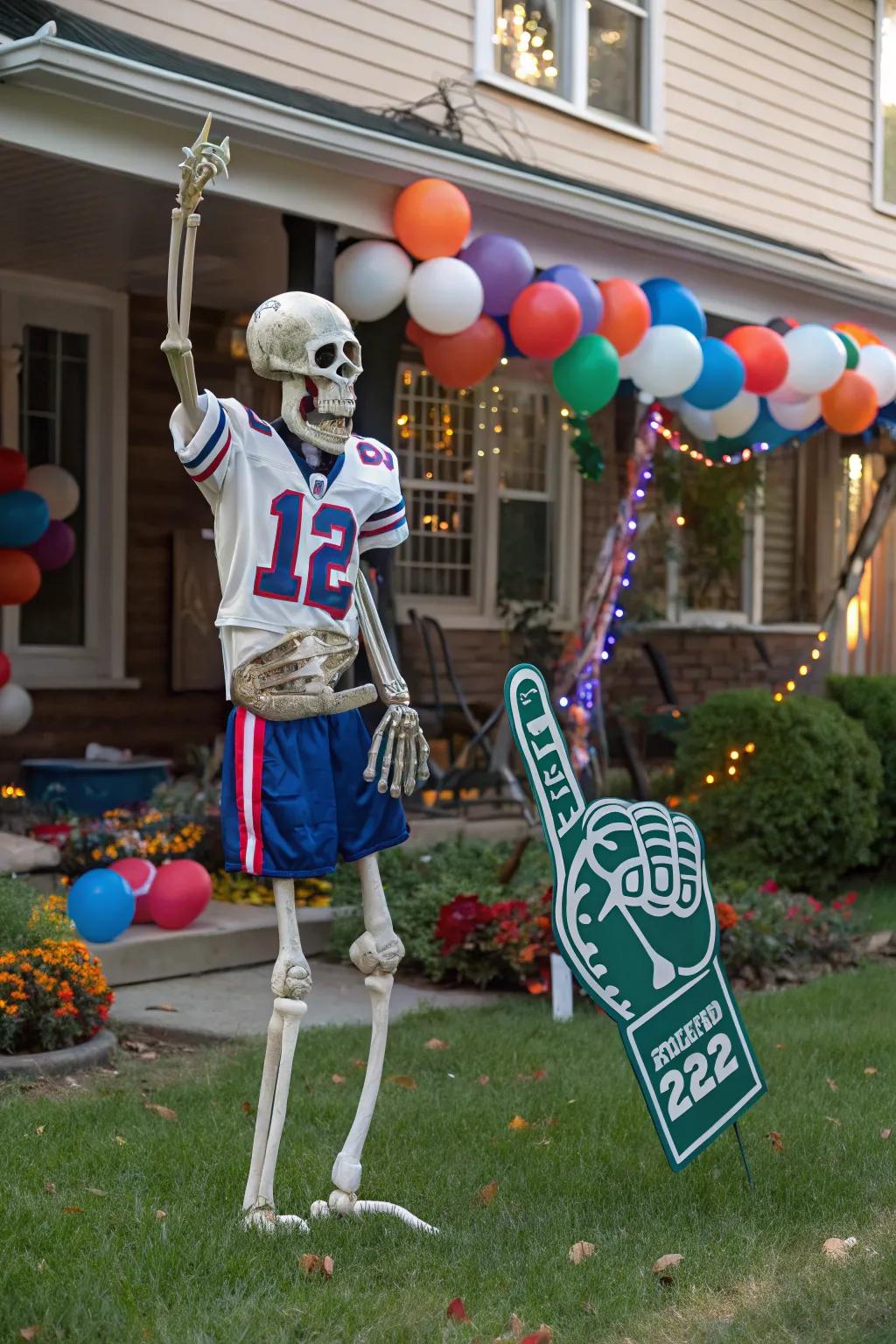 An energetic skeleton ready to cheer on the team.