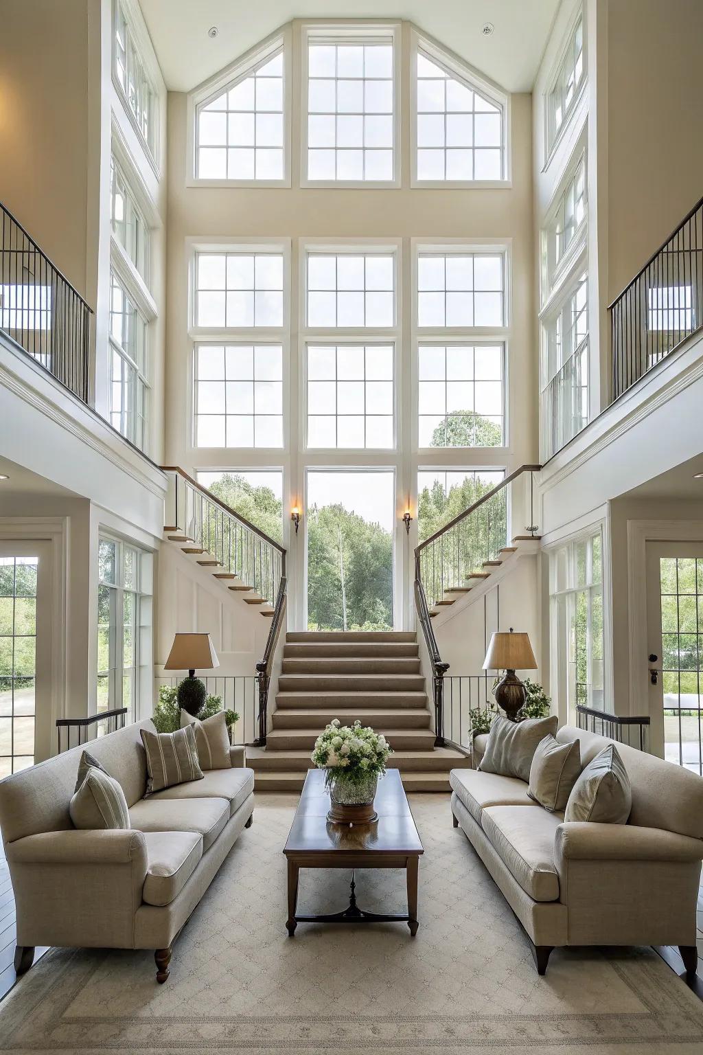 Symmetrical design components create equilibrium in a spacious great room.
