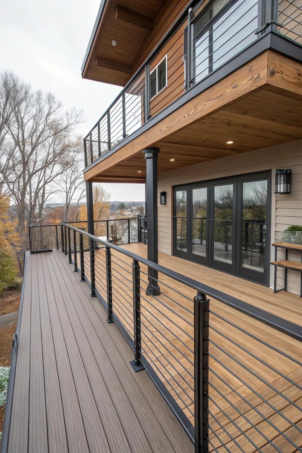 An elegant deck exhibiting a blend of robust materials.
