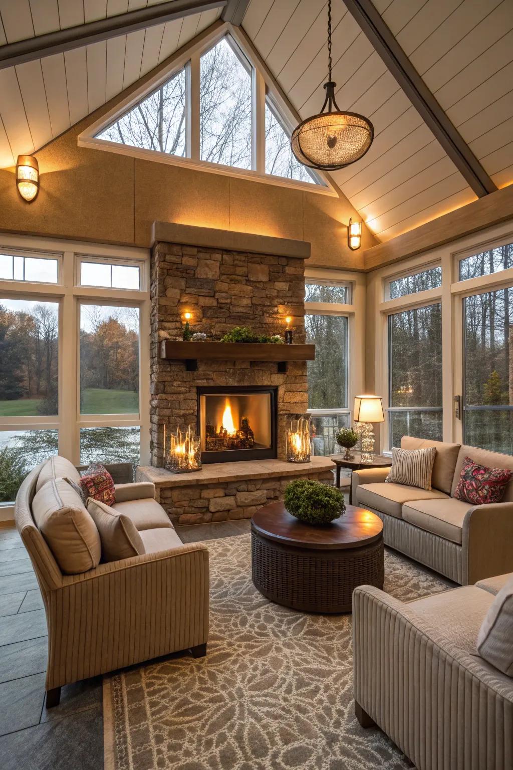 A cozy and welcoming fireplace featured in a four season room.