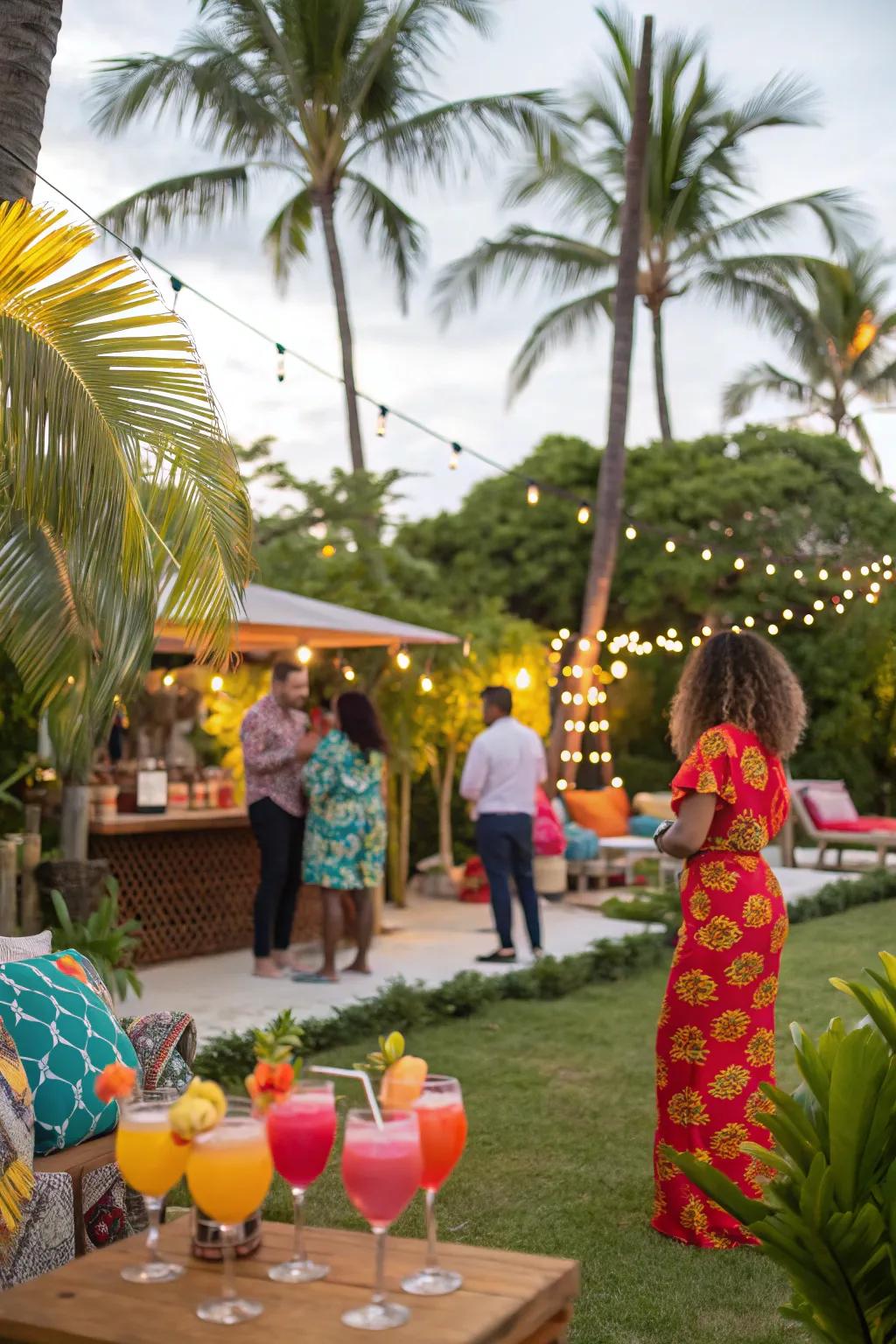 Transport guests to a tropical getaway using vibrant decorations.
