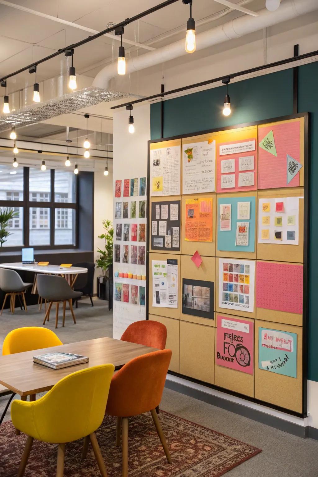 Vintage graphic designs featured on a display board within a modern, retro office setting.