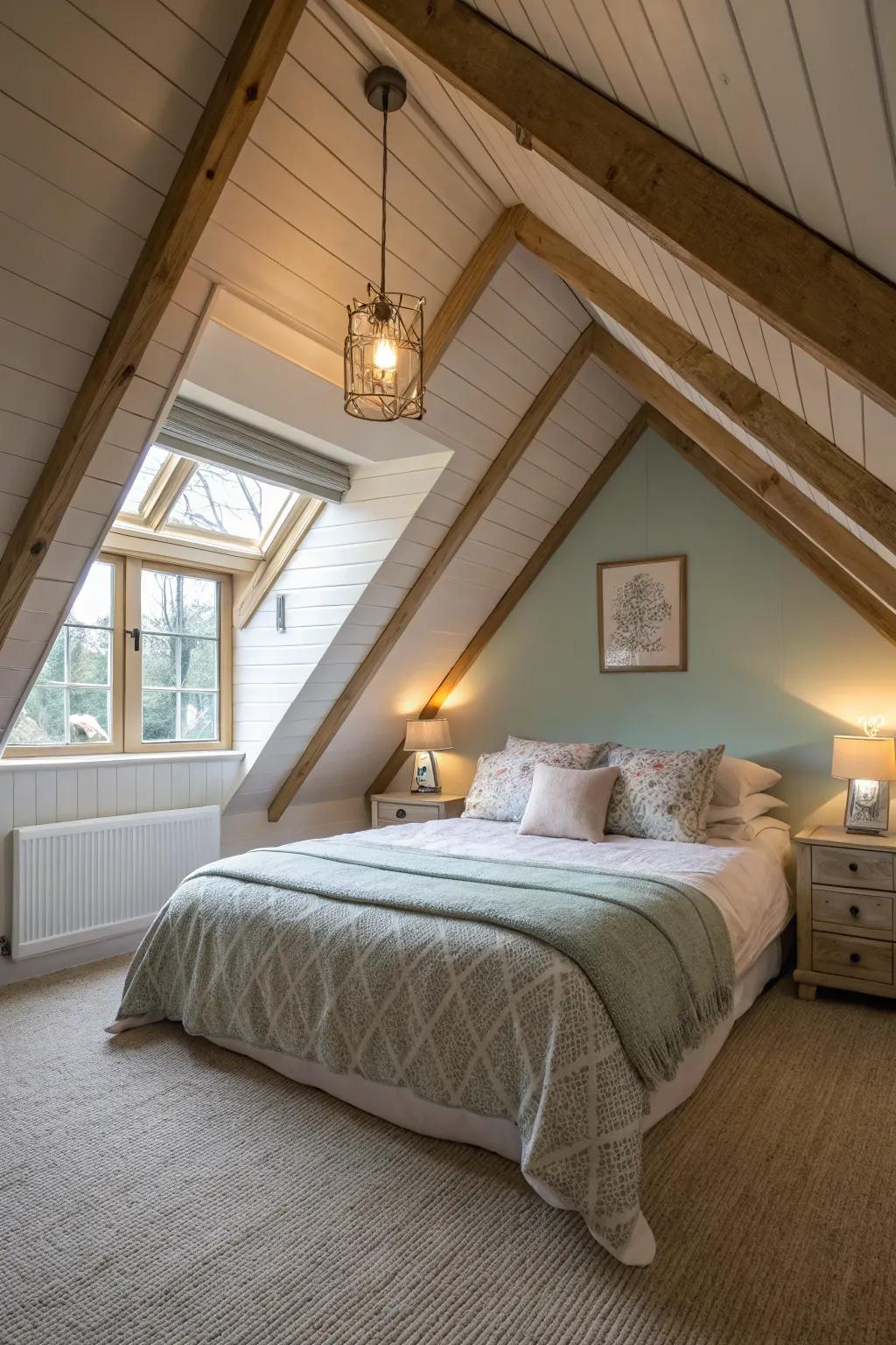 Construct a snug sleeping nook beneath the A-frame of your attic.