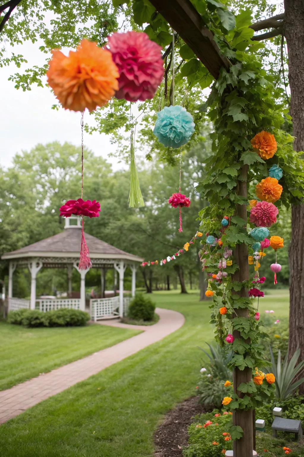 Environmentally friendly paper blossoms contribute color to a garden celebration.