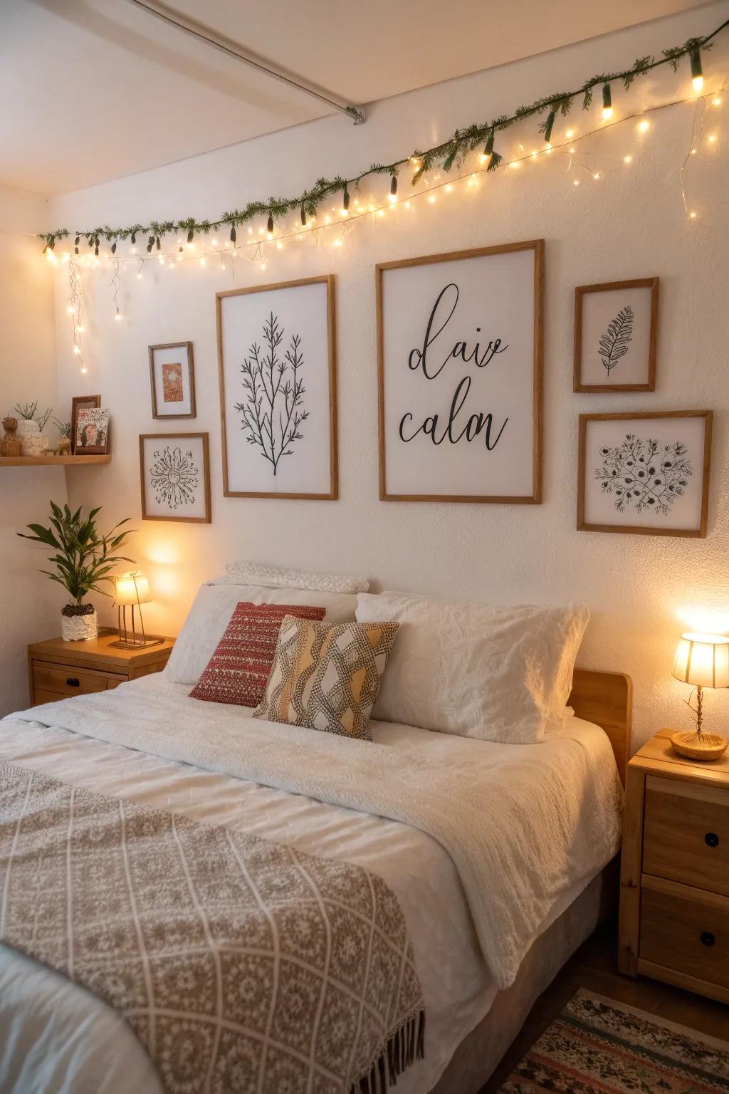 Words of inspiration over the bed act as a daily motivator.