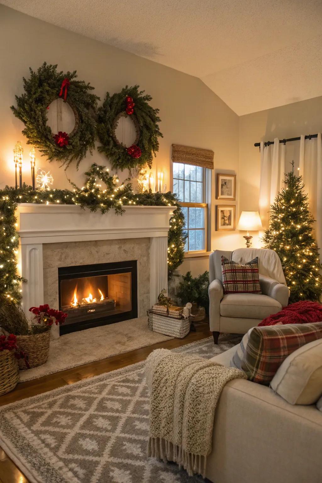 Seasonal decorations above the fireplace maintain a festive and inviting atmosphere.