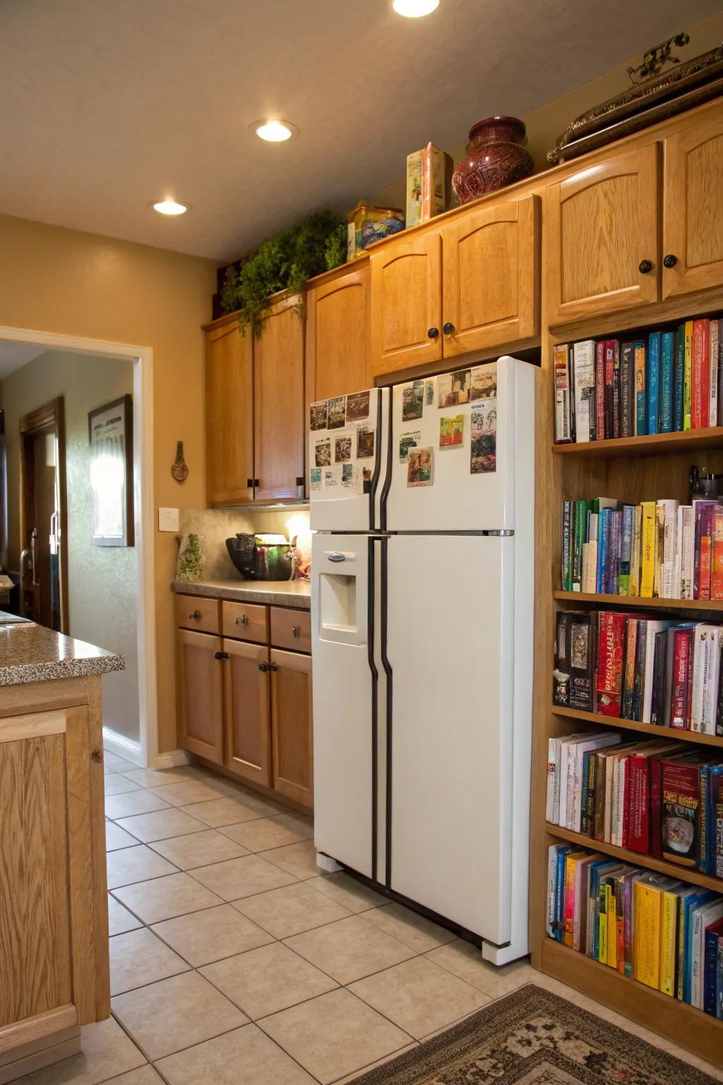 Keep your cookbooks above the fridge for simple access.