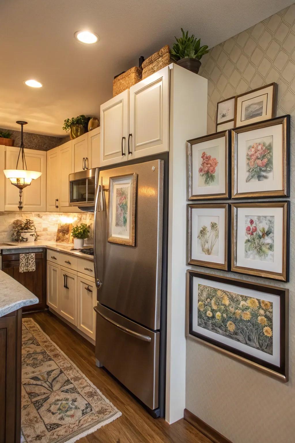 Integrate art above your refrigerator to create a personalized and stylish feature.