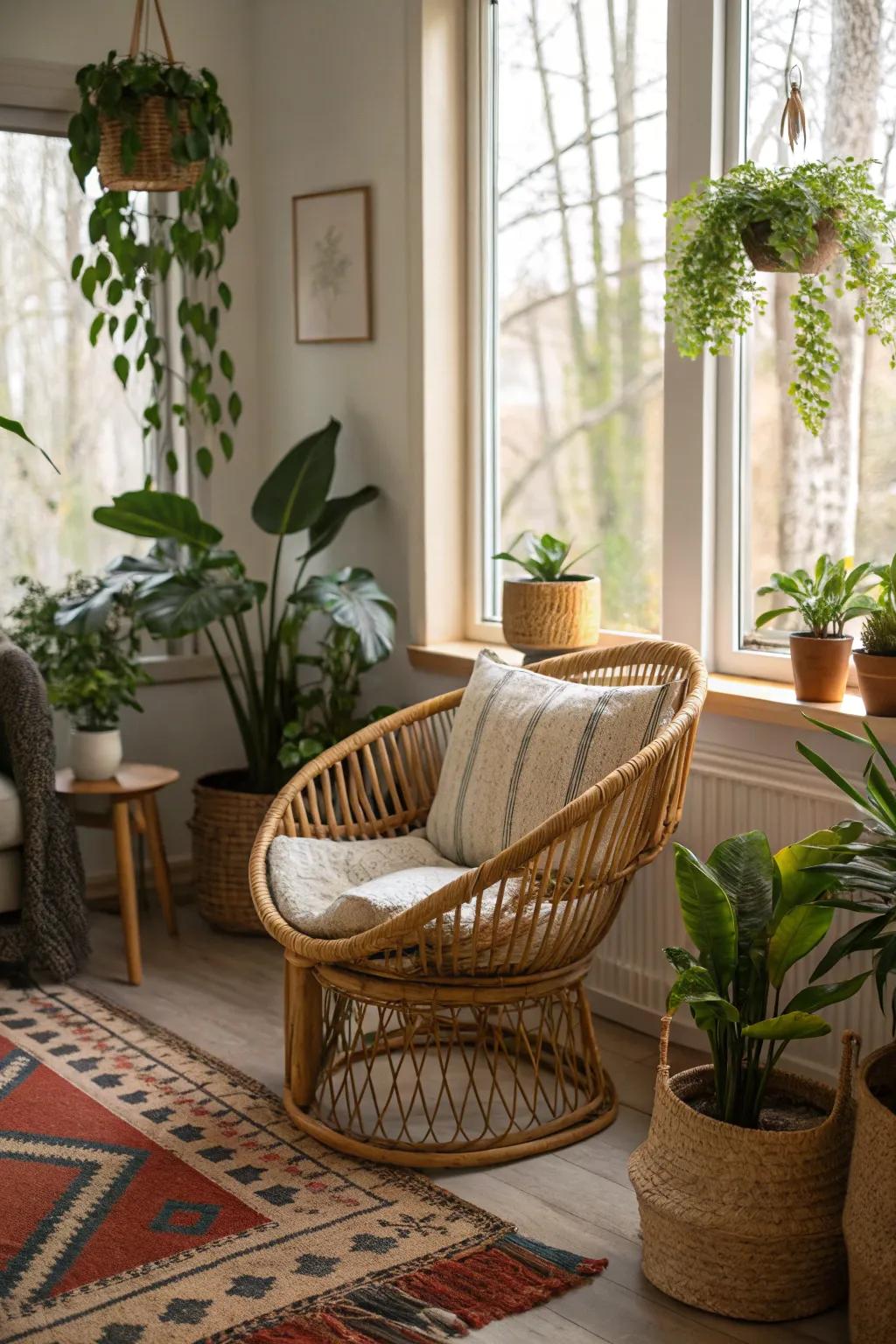 A cane chair matched with greenery introduces natural warmth to the setting.