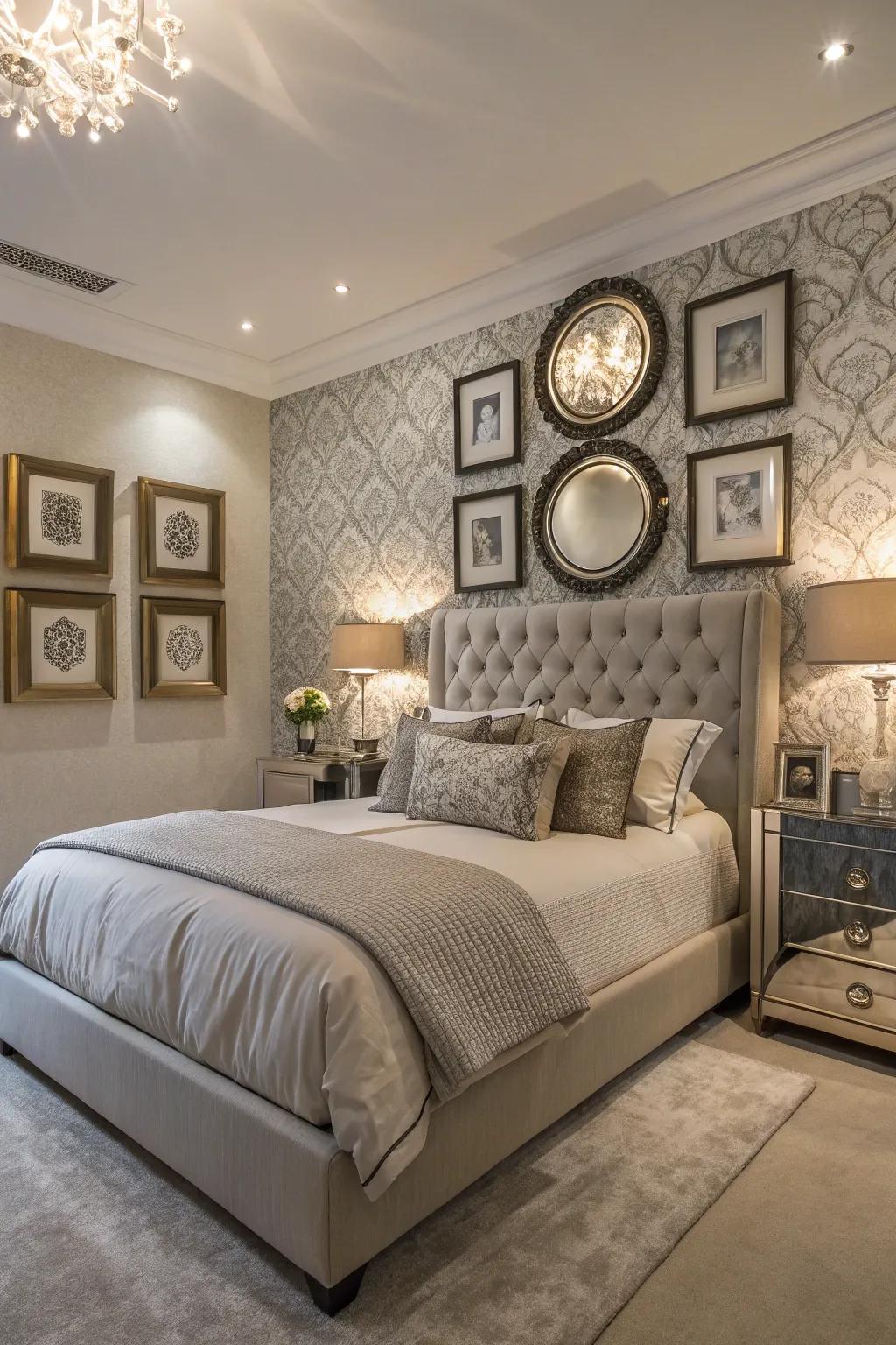 Art and mirrors uplift the accent wall, infusing personality into the bedroom.