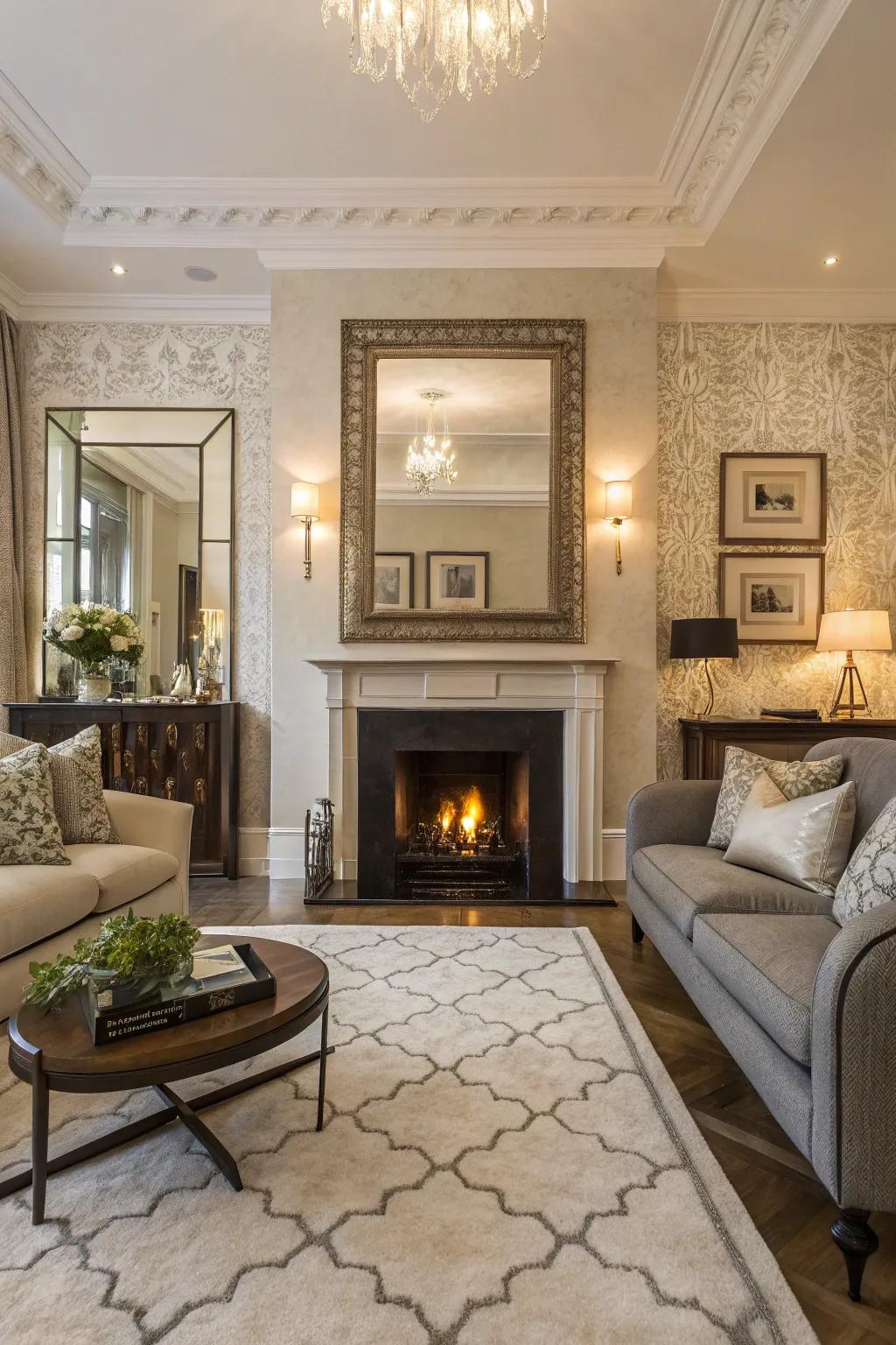 The statement mirror enhances the room's light and sense of space.