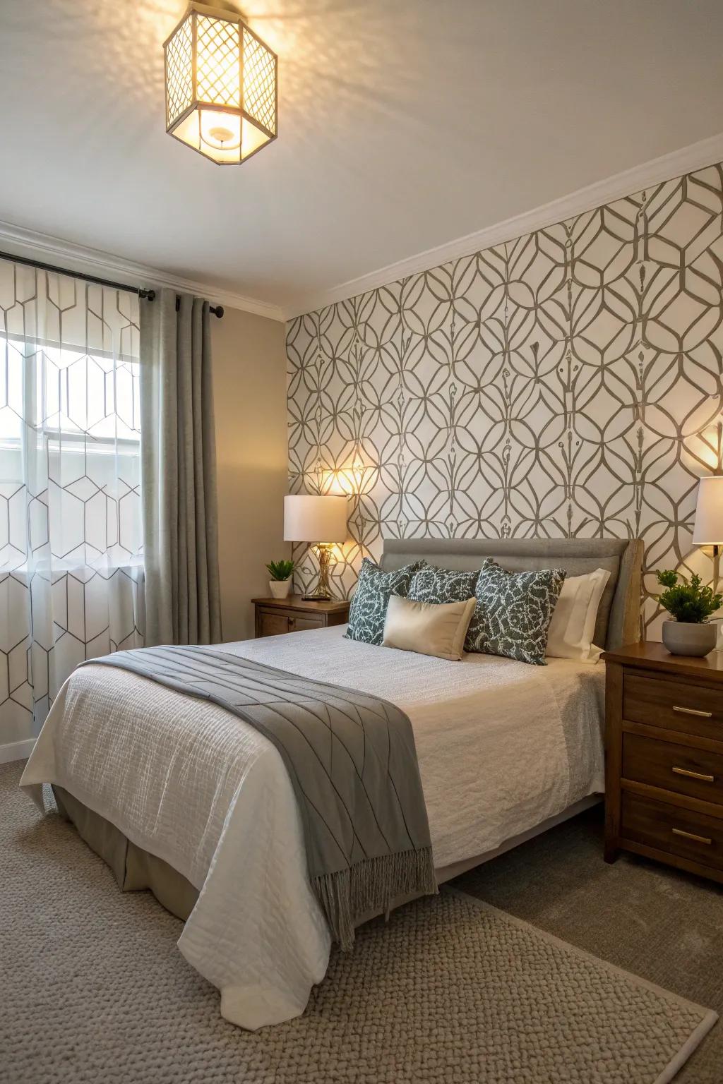 A guest space featuring a geometric wallcovering accent wall.