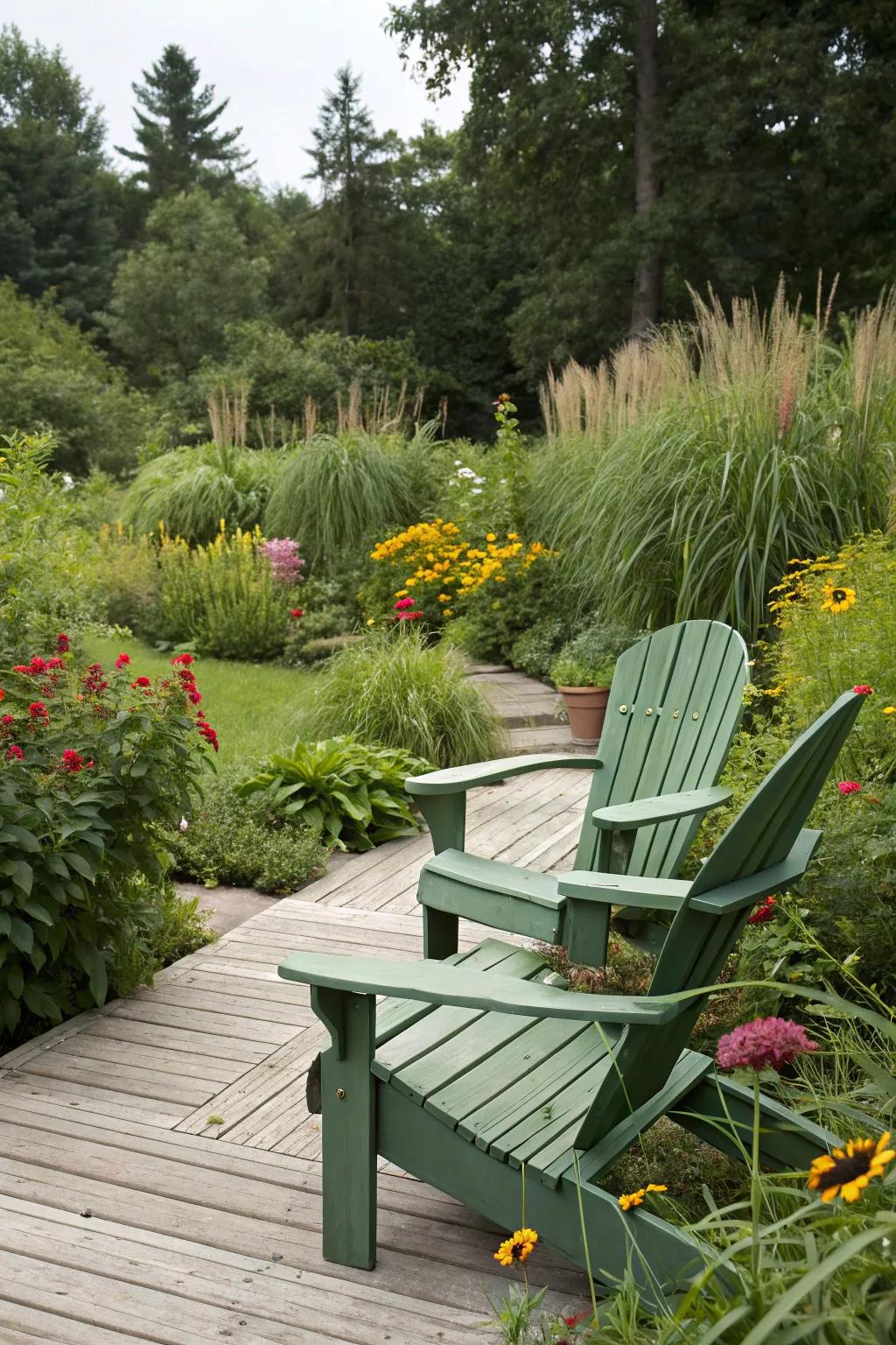 Earthy emerald seating in harmonious dialogue with nature.
