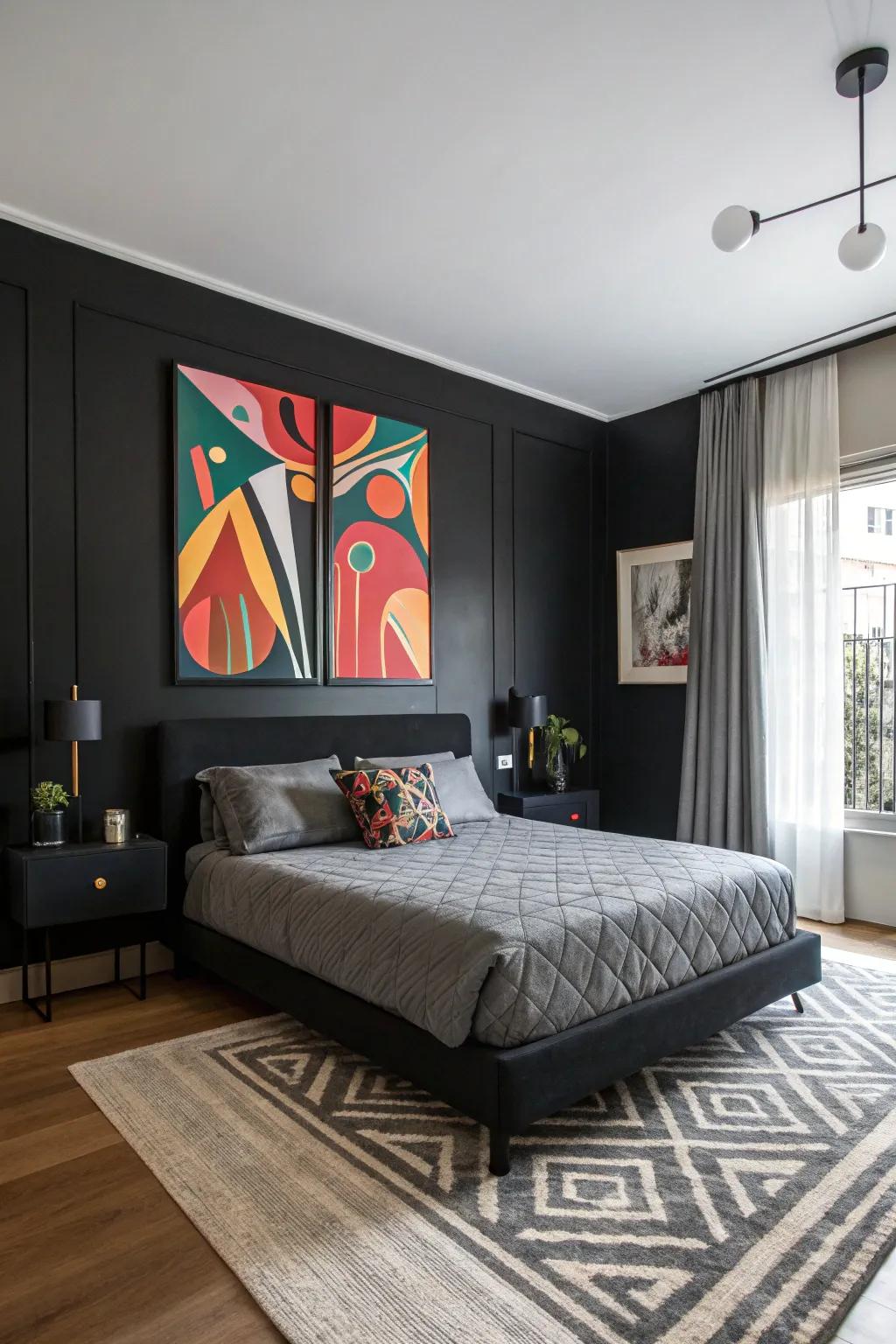 A charcoal boudoir showcasing abstract mural art as a center of attention.