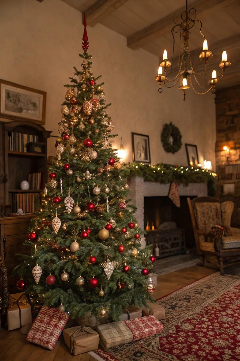 A Christmas tree with a nostalgic feel, adorned with vintage decorations from a bygone era.