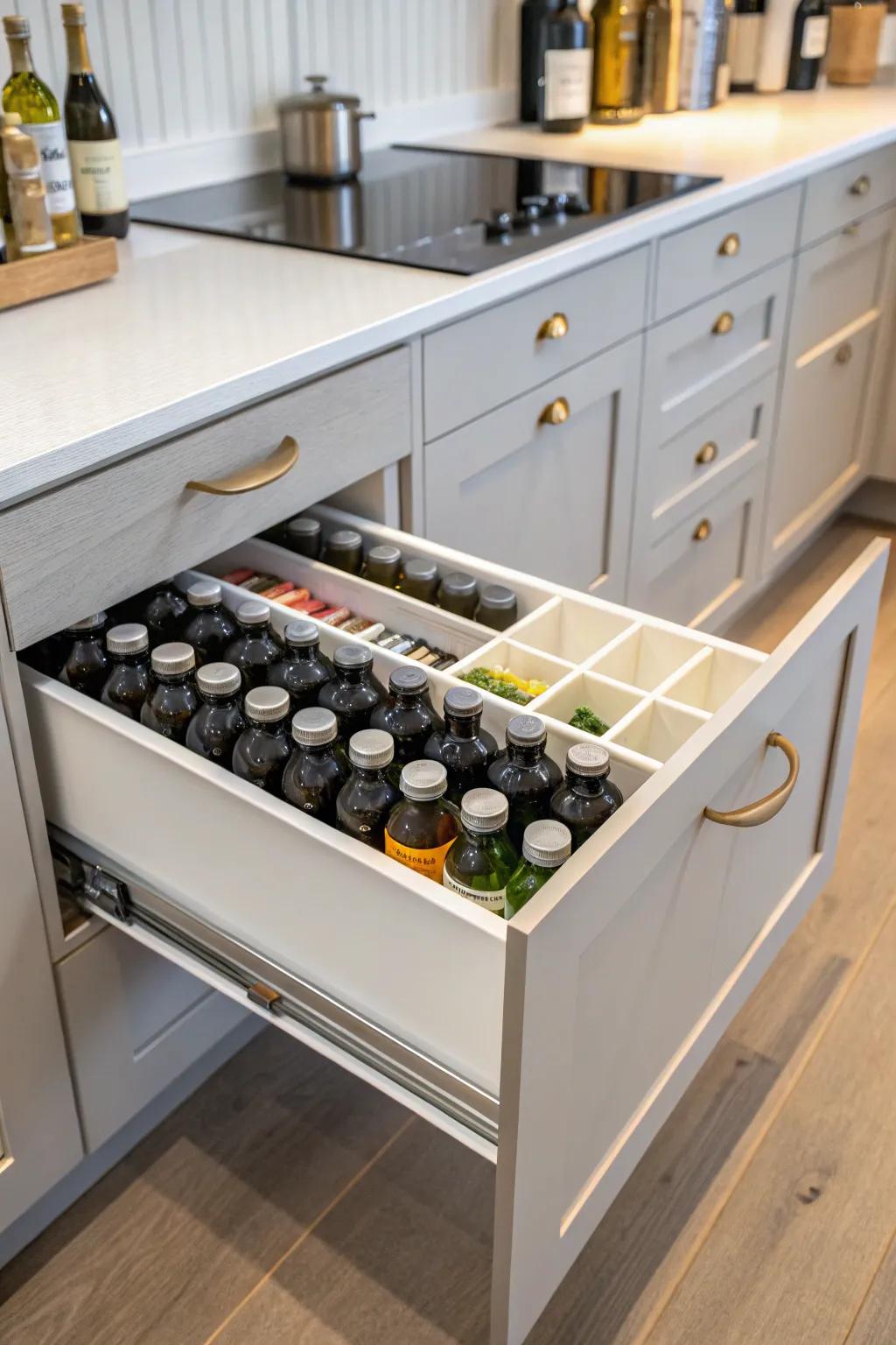 A kitchen drawer showcasing a pull-out section with neatly arranged spirit bottles.