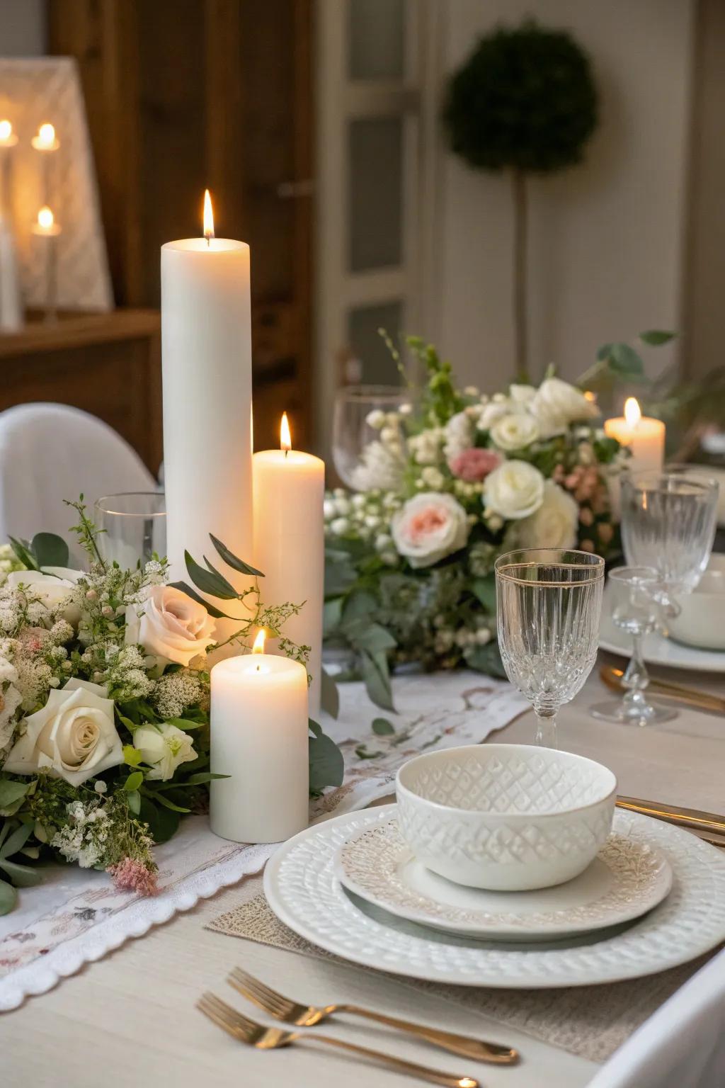 Candles enhance warmth and intimacy in the all-white dinner setting.