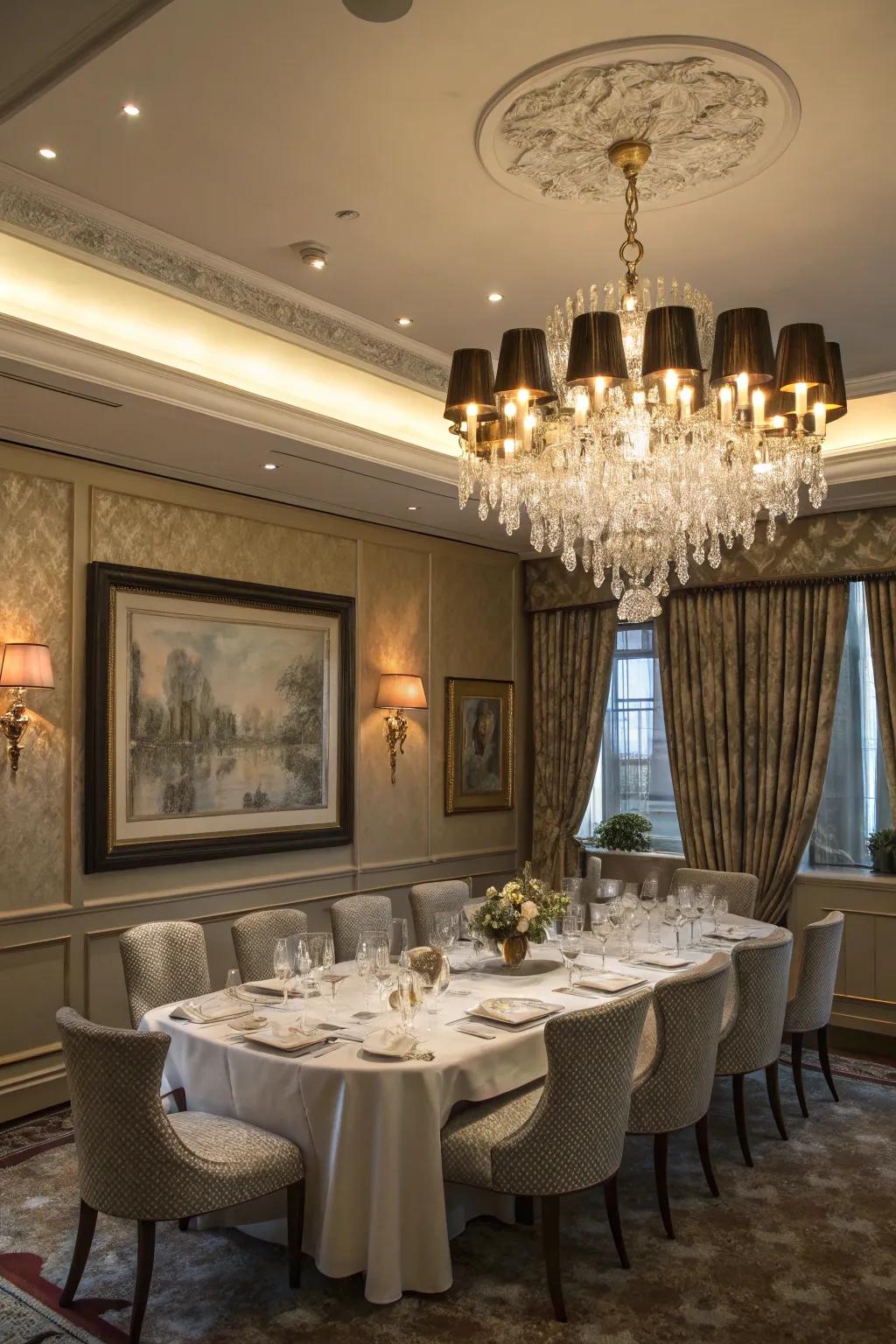 A stylish chandelier assuming the position of a focal element in a colonial dining area.