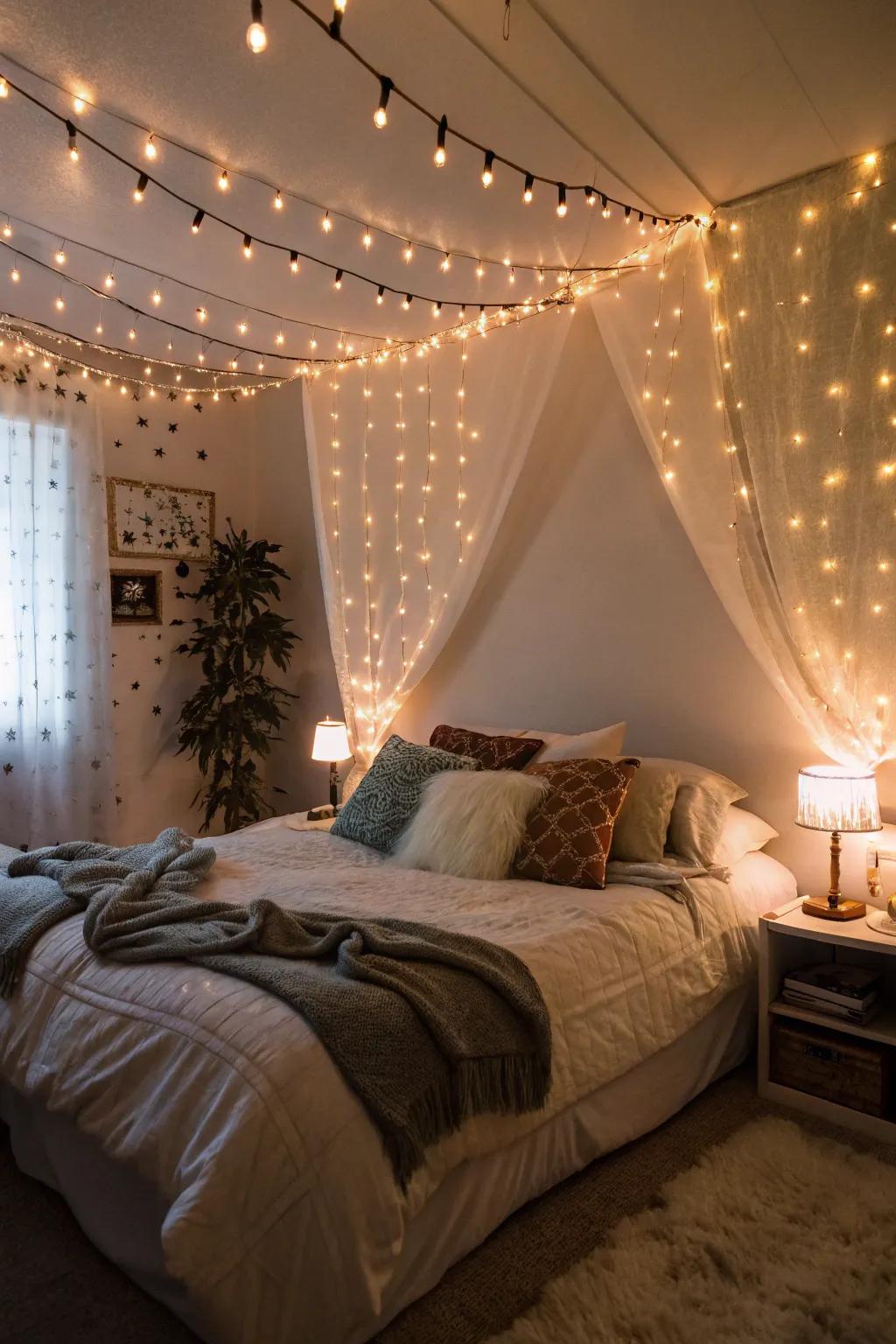 A bedroom with twinkling lights crafting a magical feel.