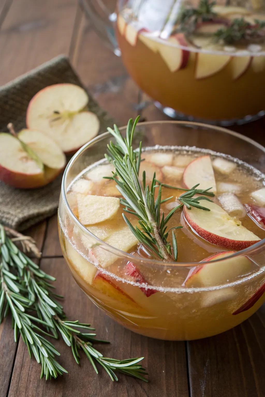 Flora-infused cider punch accompanied by rosemary sprigs.