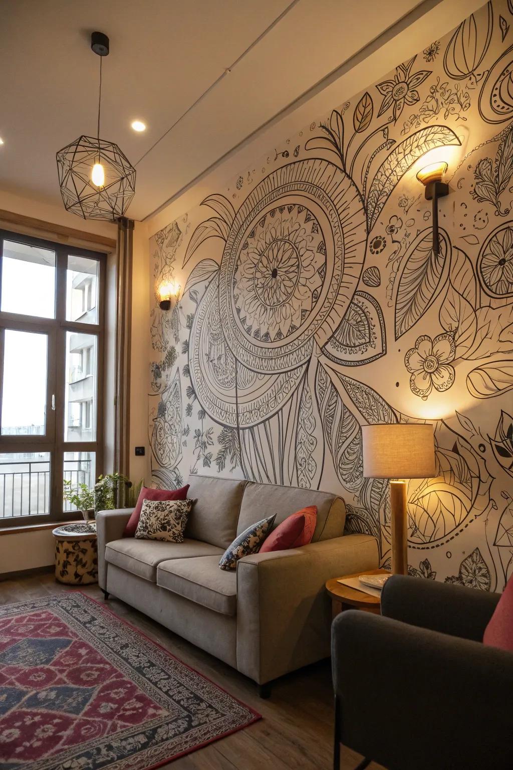 A complete wall transformed with complex freeform drawing art, creating a spirited and artistic atmosphere.