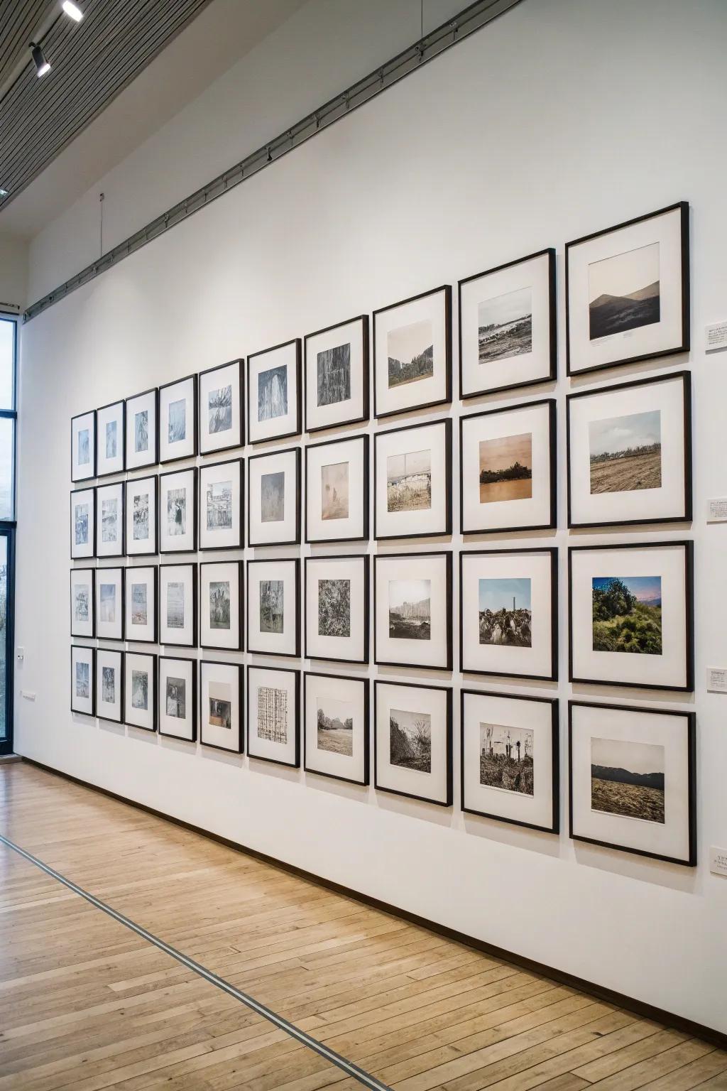 An immaculate latticework configuration exhibiting art prints in a modern environment.