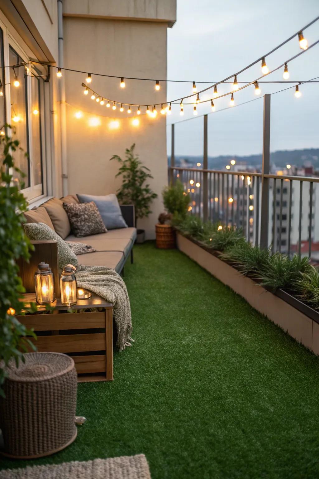 Change your balcony into a comfortable getaway by using simulated turf and surrounding lighting.