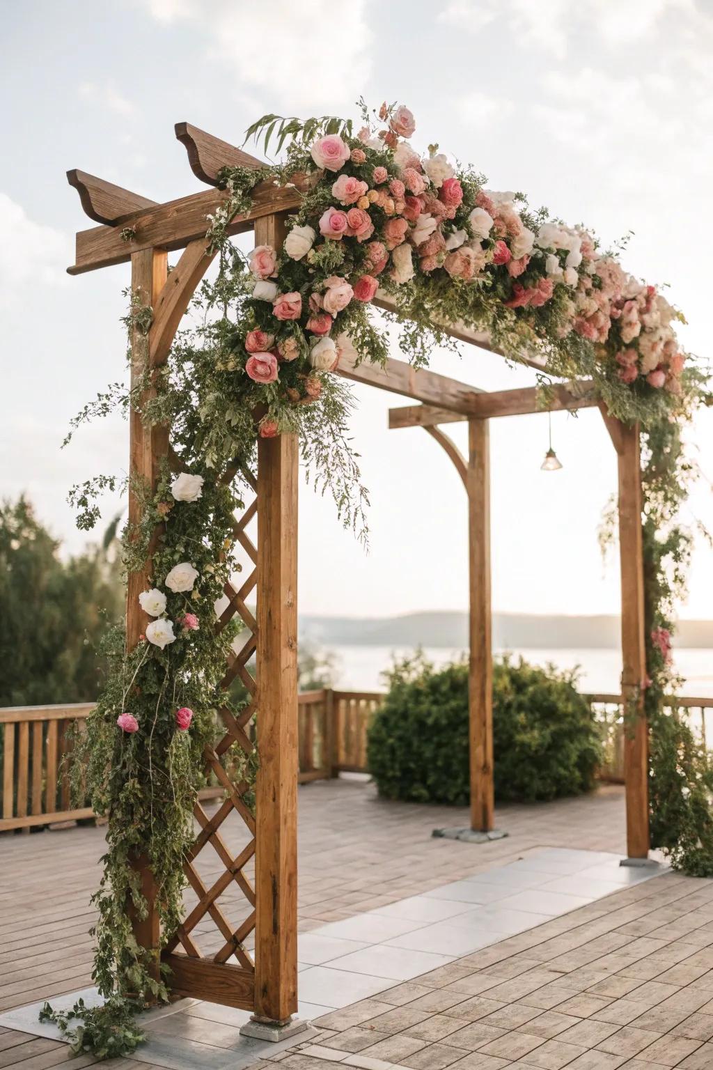 A striking timber portal way serves as a ceremony backdrop.