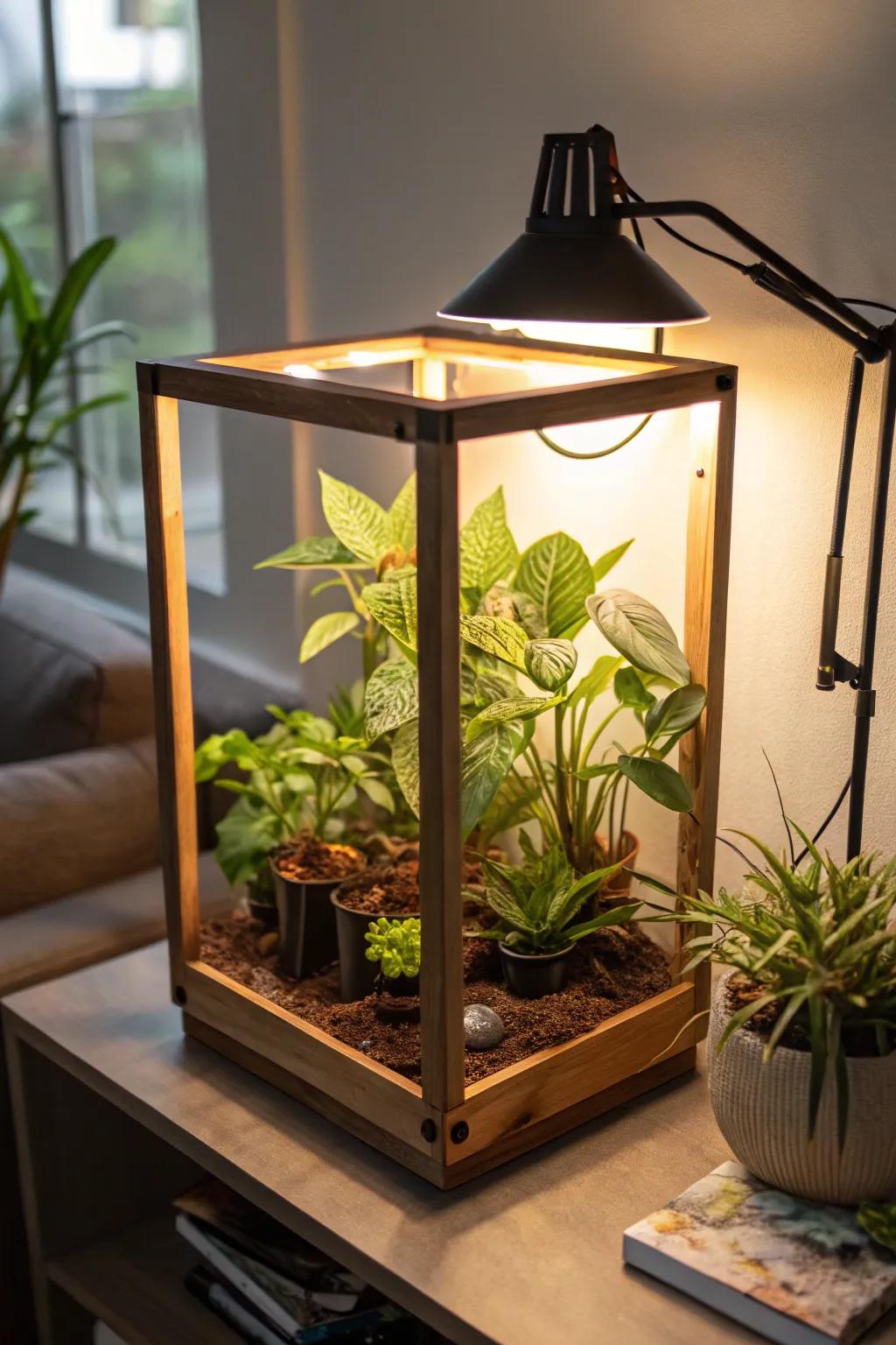 A DIY grow light lamp casting a cozy light across a modest indoor botanical garden.