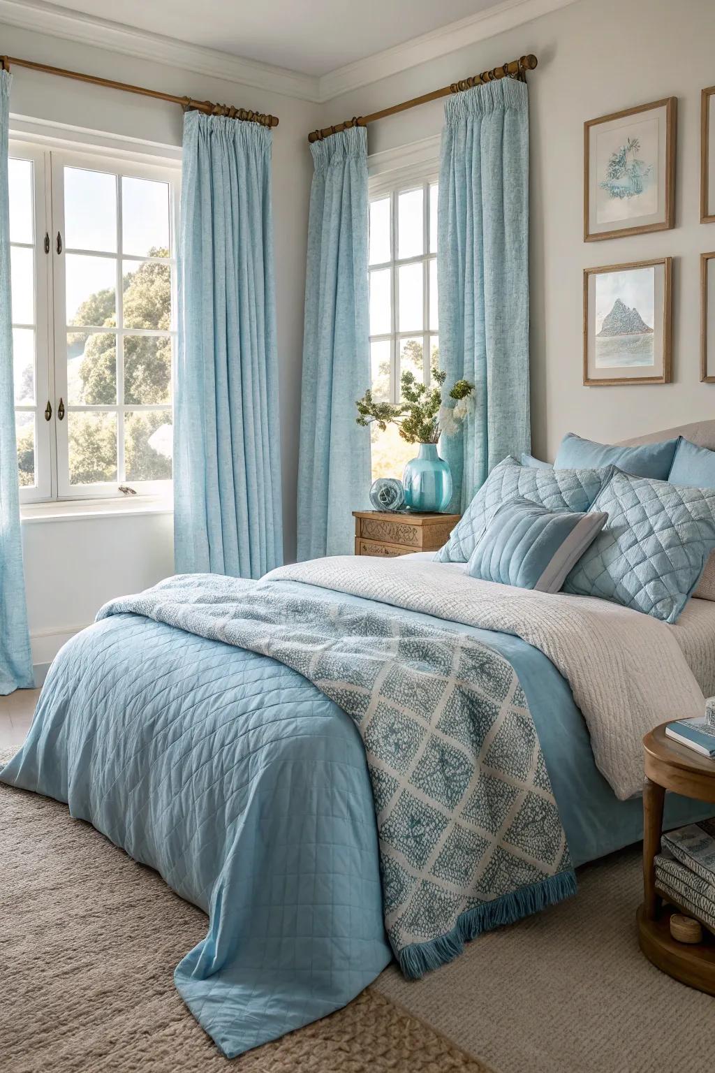 Textural layers bring depth and warmth to a soft sky-themed bedroom.