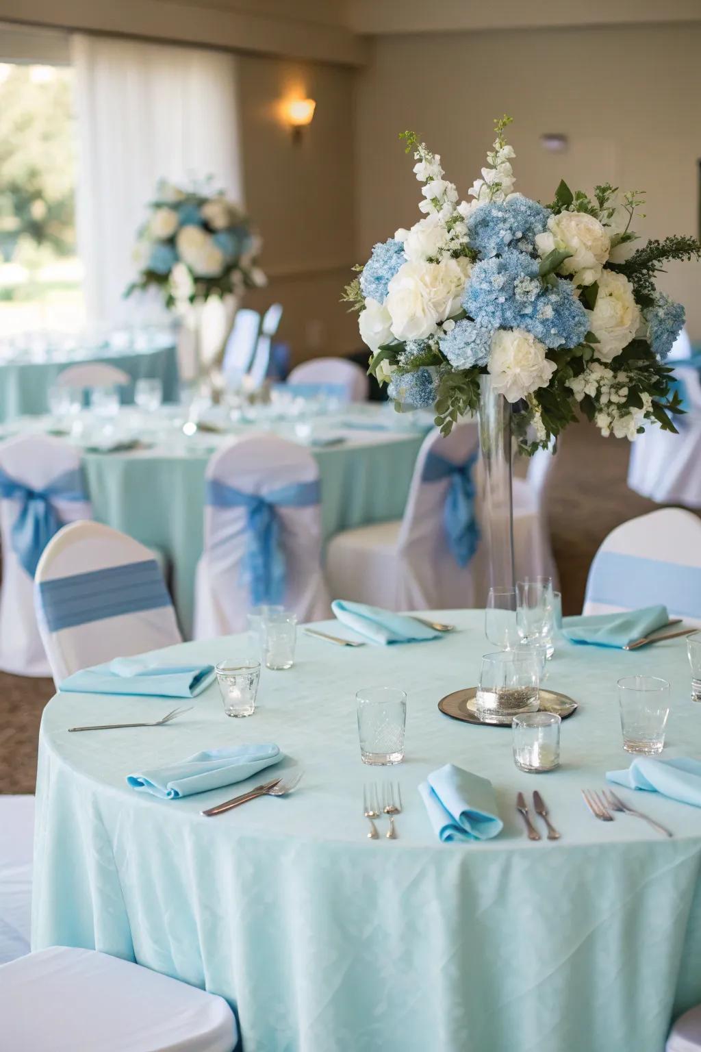 Pale azure celebration adornments fashion a unified and sophisticated theme.