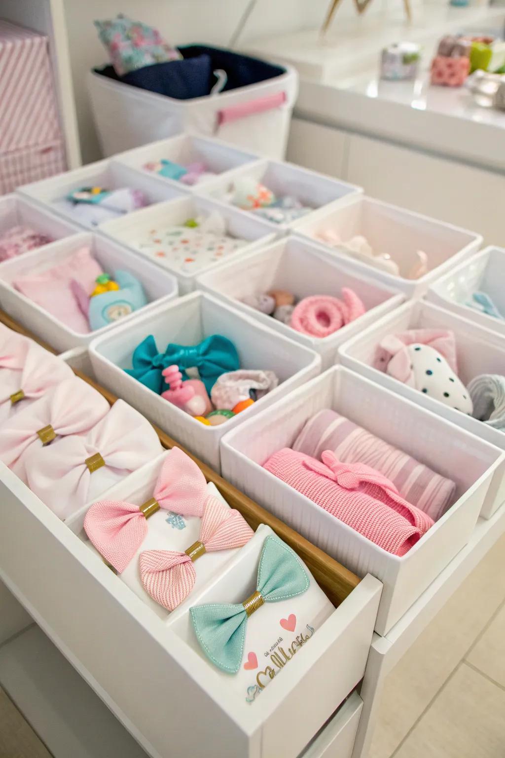 Handy storage boxes for baby items and bows.