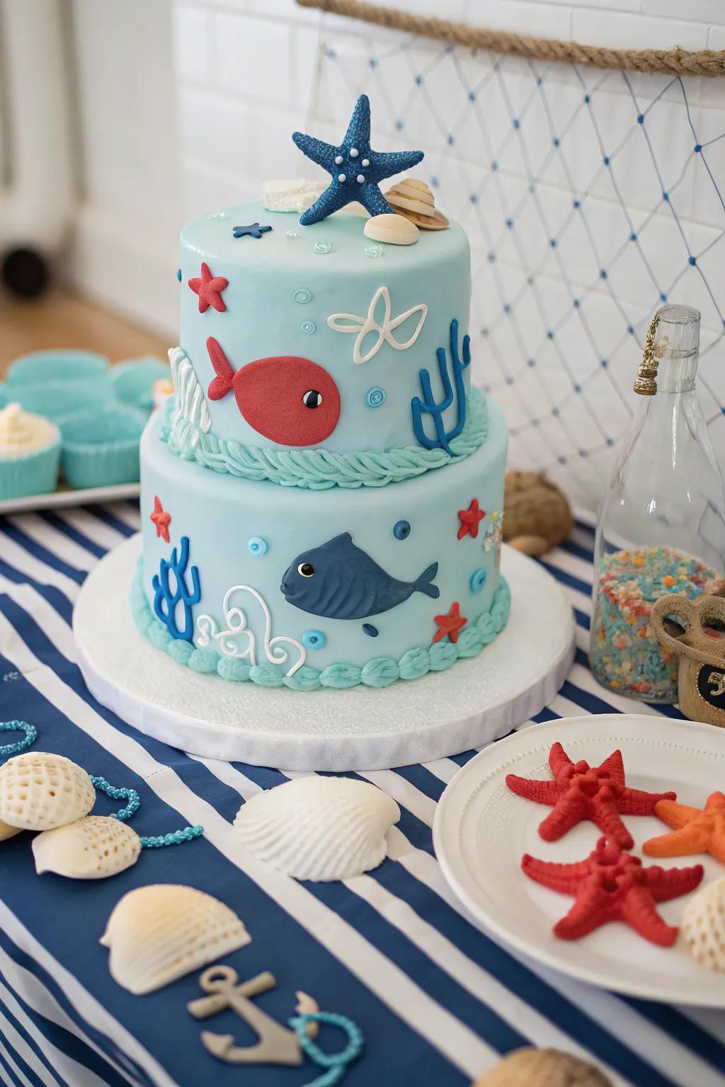 An ocean-inspired cake featuring delightful aquatic decorations.