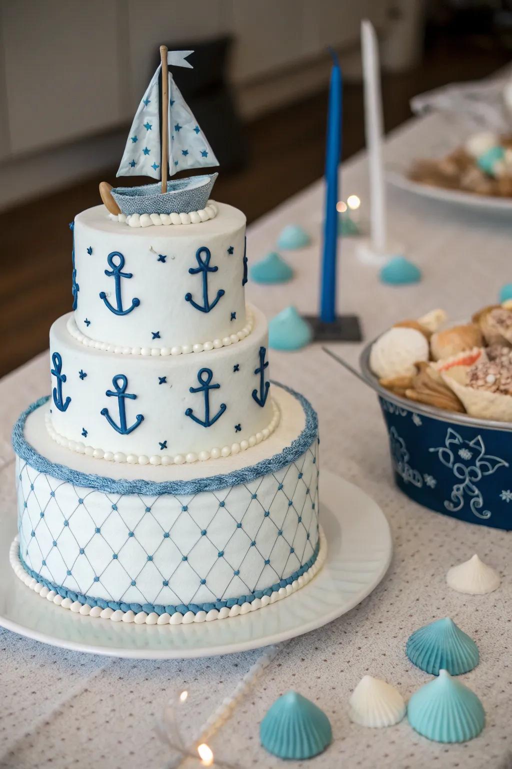 A sea-themed cake is ideal for a baby boy shower trip.