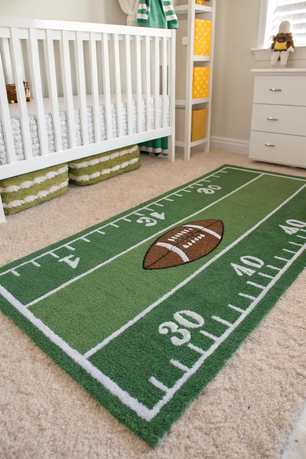 A soccer field rug adds a playful base to the nursery floor.
