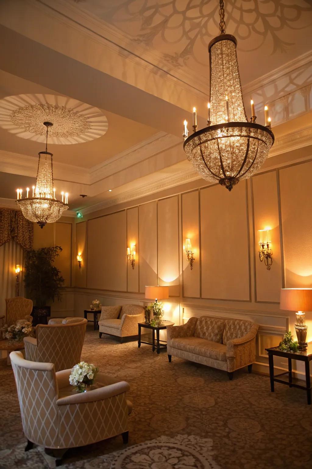 Enveloping lighting from chandeliers bestows a delicate luminescence to the chamber.