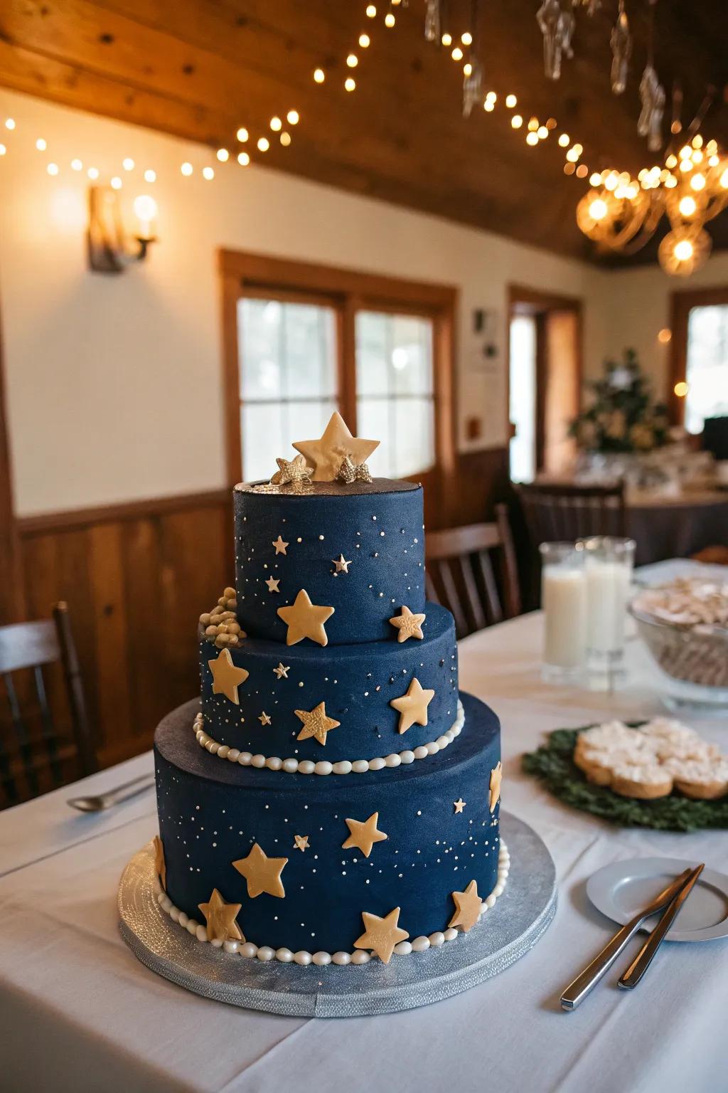 Dreamy starry evening-themed cake with fondant stars.