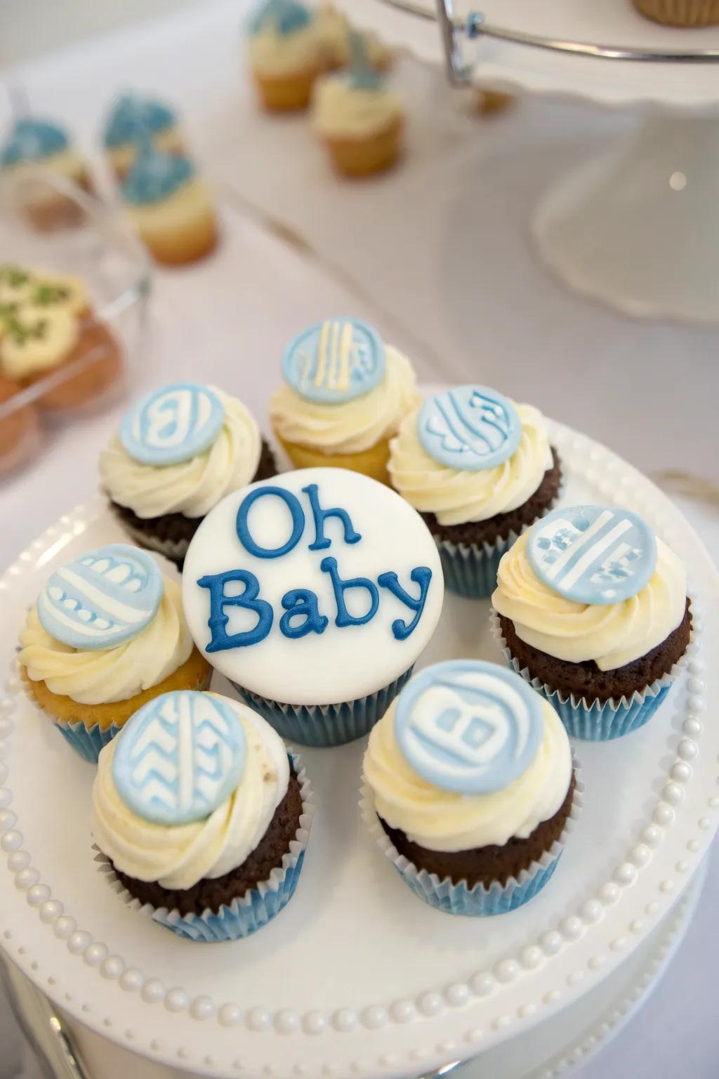 Cupcakes featuring 'Oh Baby' text for a celebratory atmosphere.