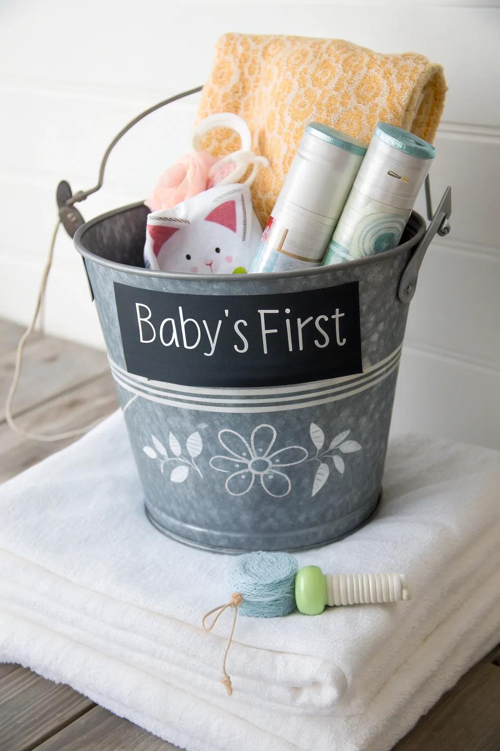 An individualized metallic pail for a memorable and adaptable baby shower present.