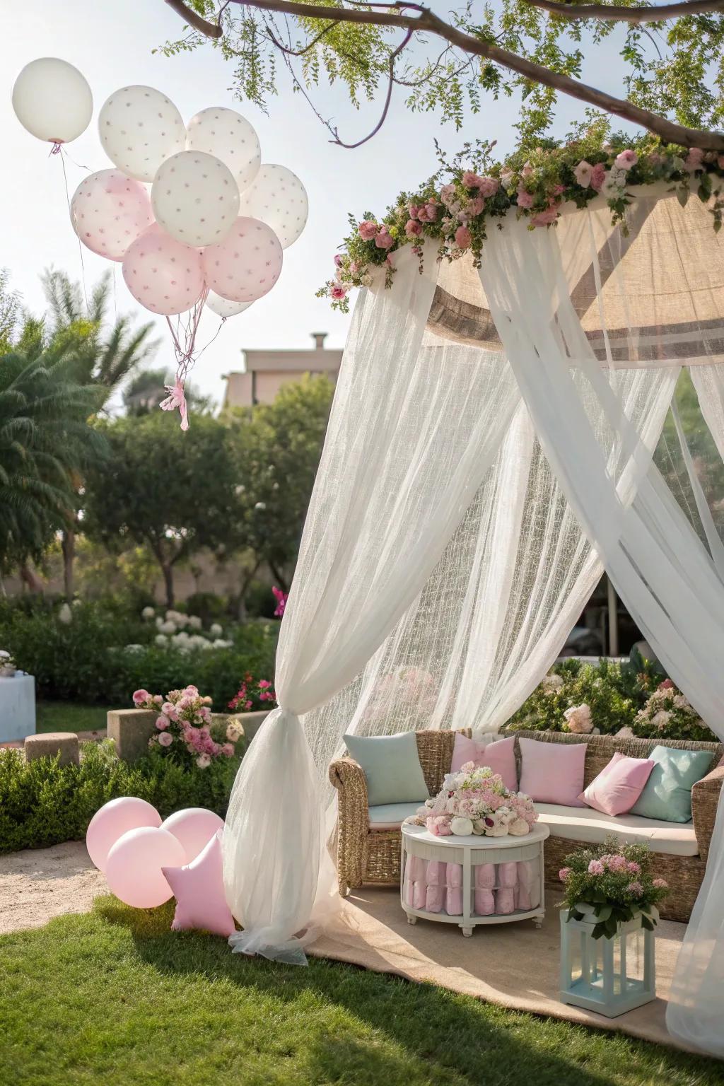 A fanciful canopy of sheer material suspended over the seating area.