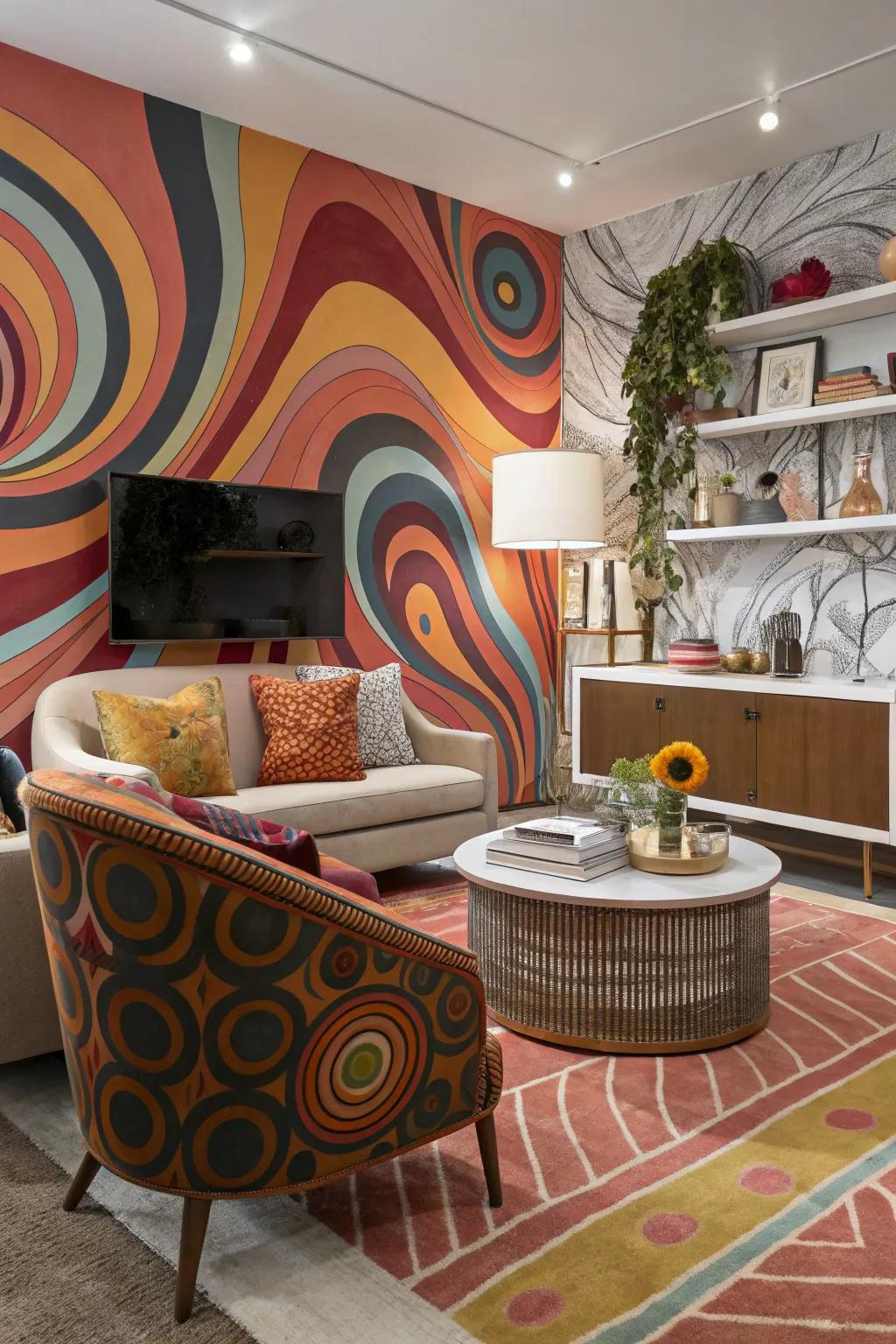 A living room with an abstract background and swirling colors creating artistic decor.