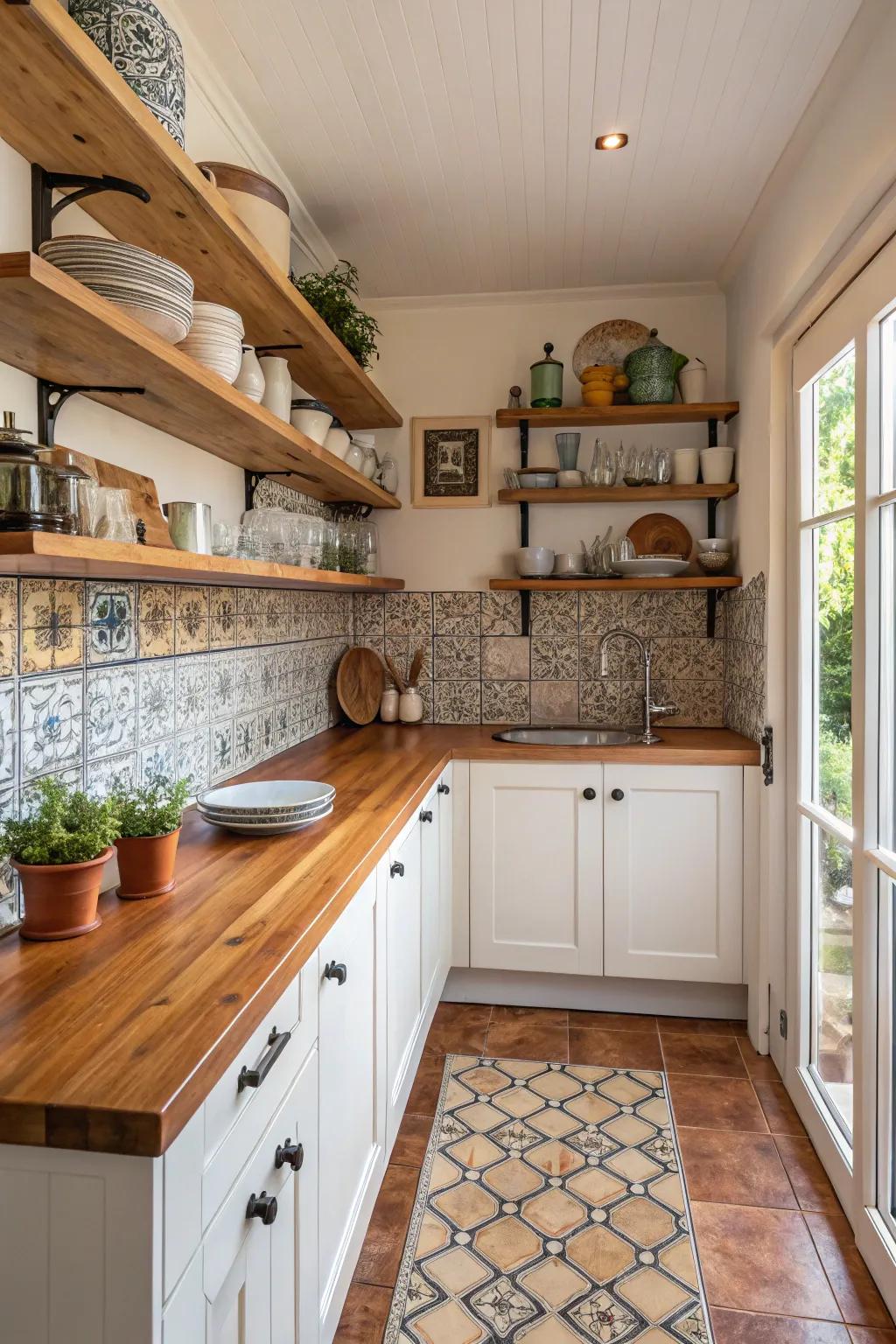 Functional and charming exposed shelving in your cooking area.