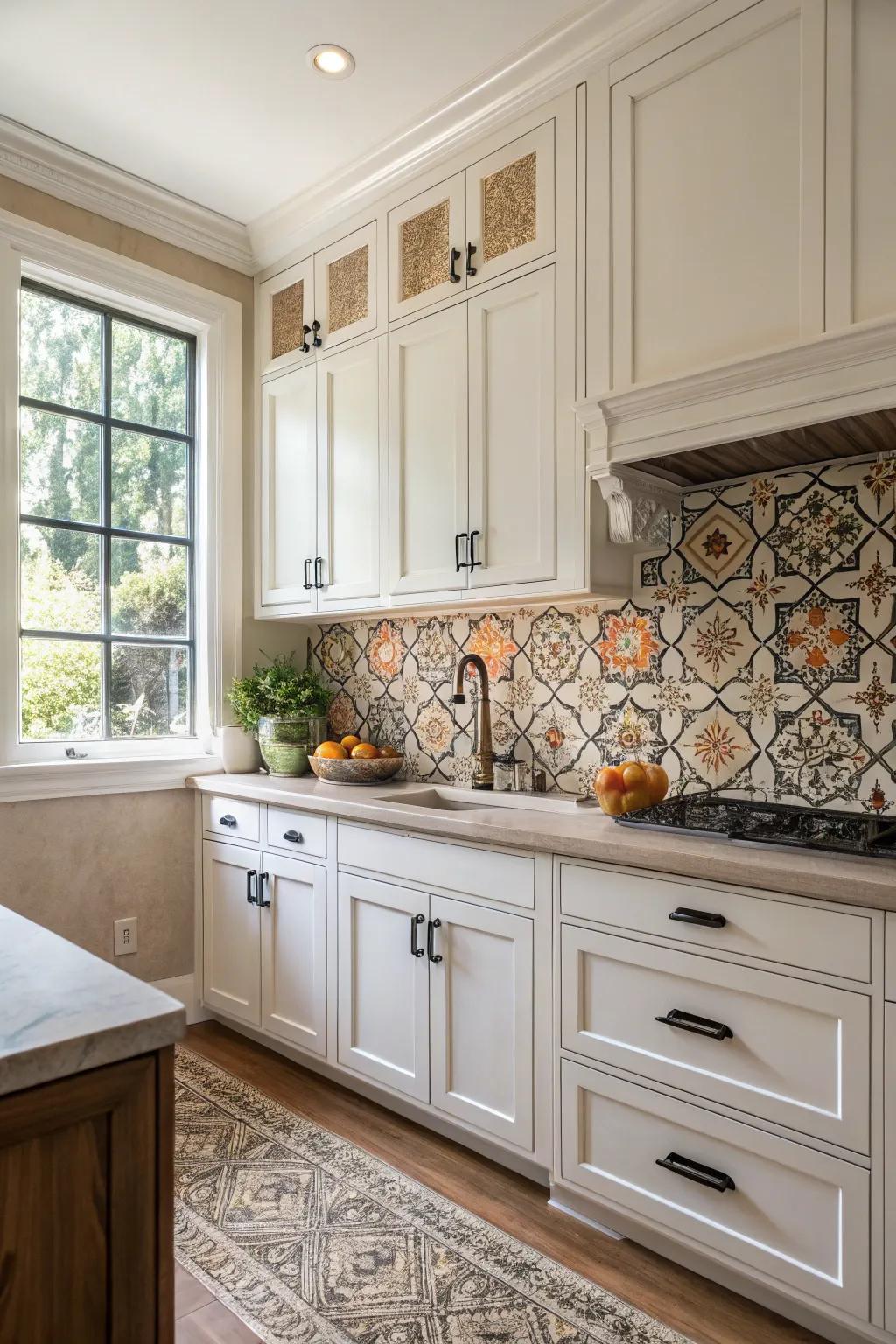 Arabian tiles enrich pattern and depth in a streamlined white kitchen.