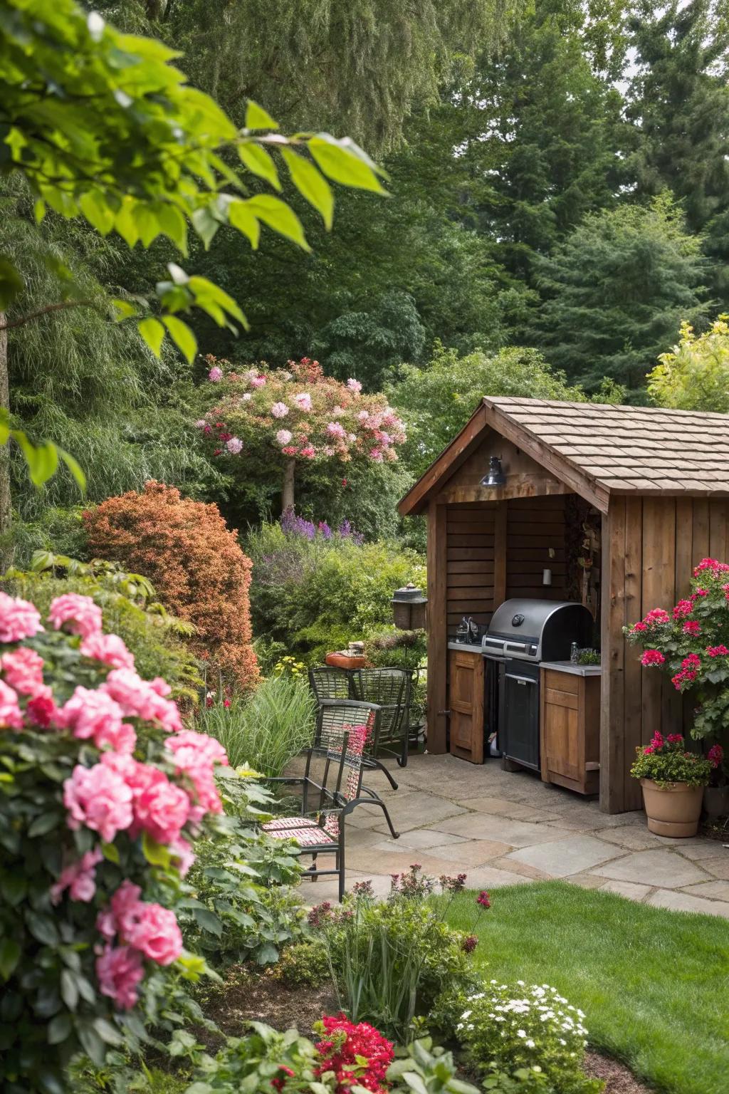 A tranquil garden hideaway with a BBQ shed.