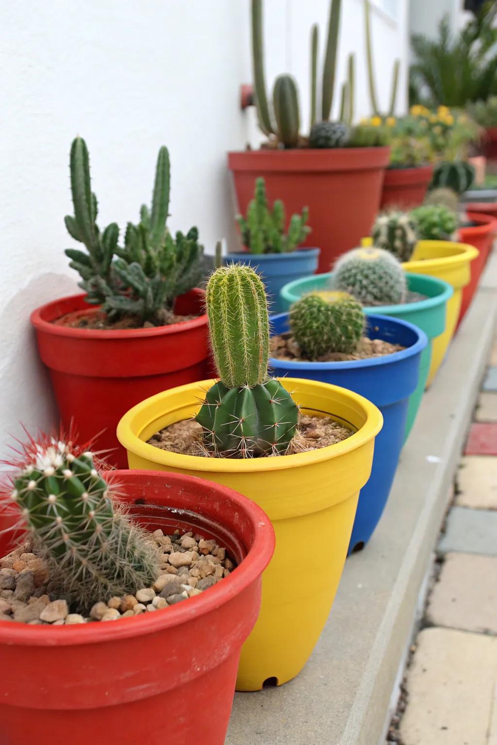 Infuse personality into your cactus garden using vibrant, decorative containers.