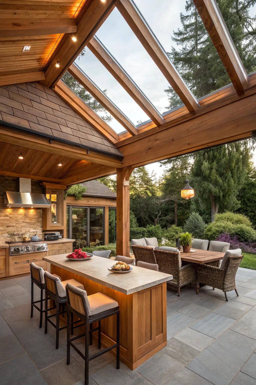 A cedar roofing with translucent panels elevates the innate appeal of your outdoor cooking area.